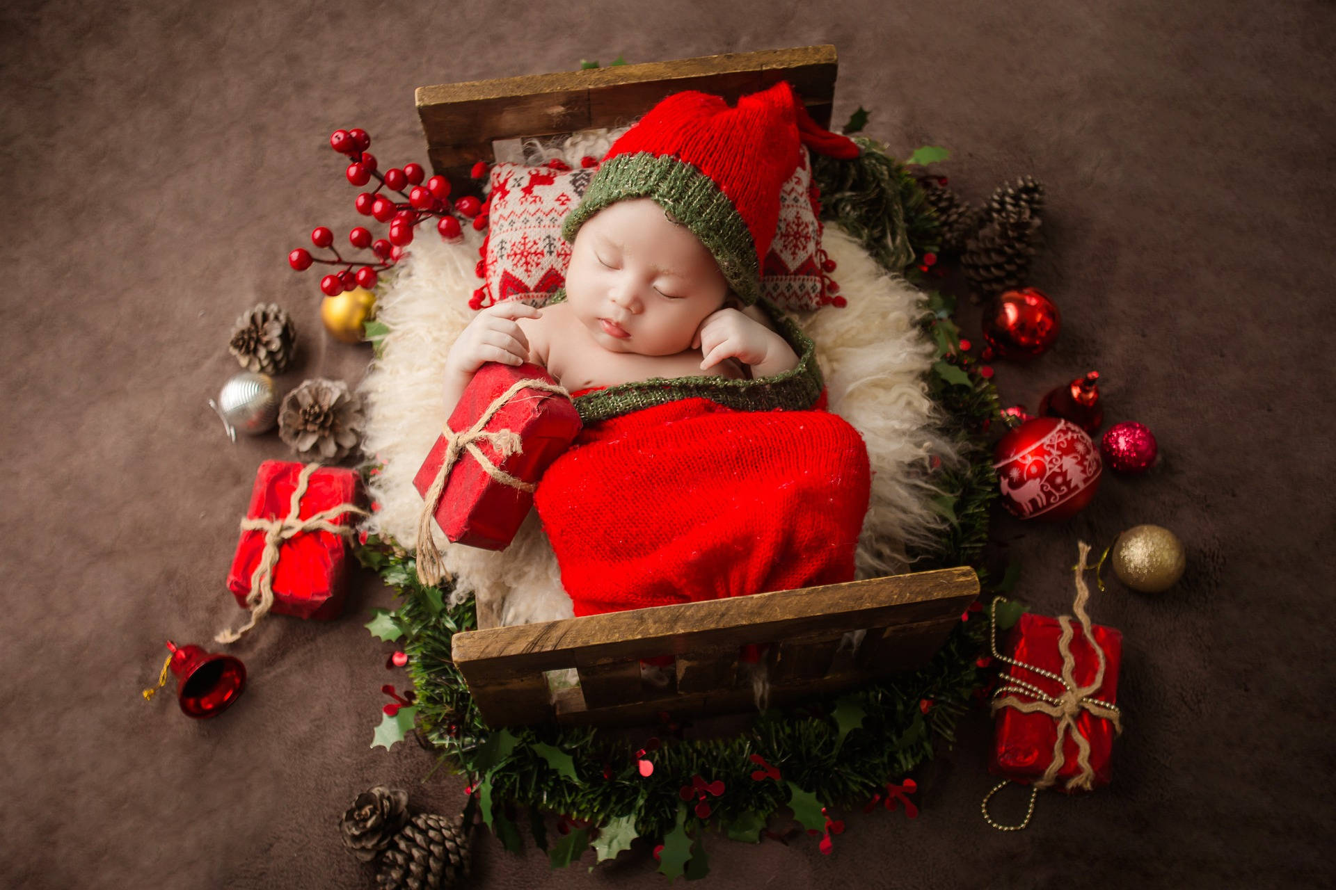 Very Cute Baby In Christmas Outfit Background