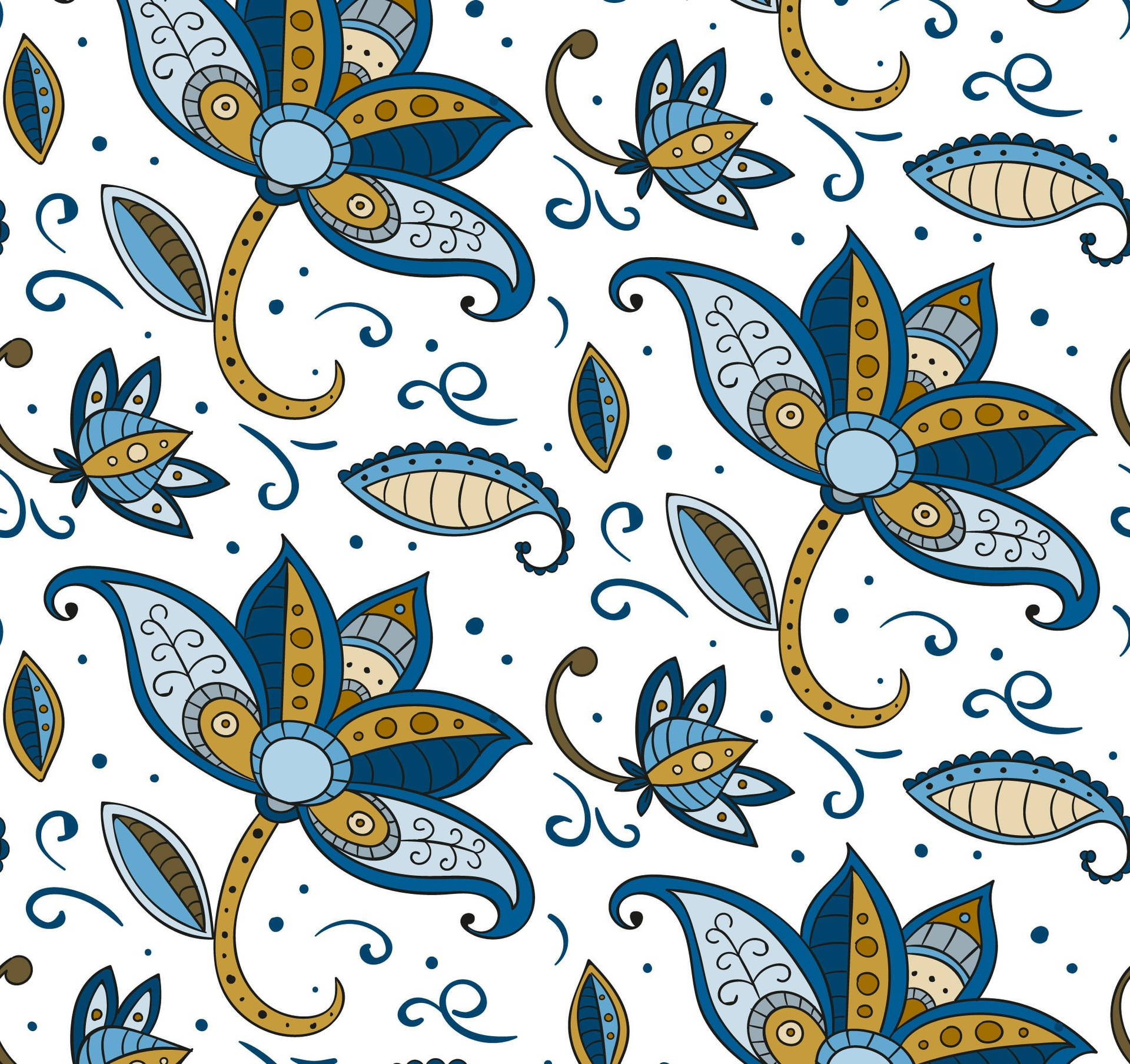 Vibrant Blue And Gold Batik Floral Pattern Background