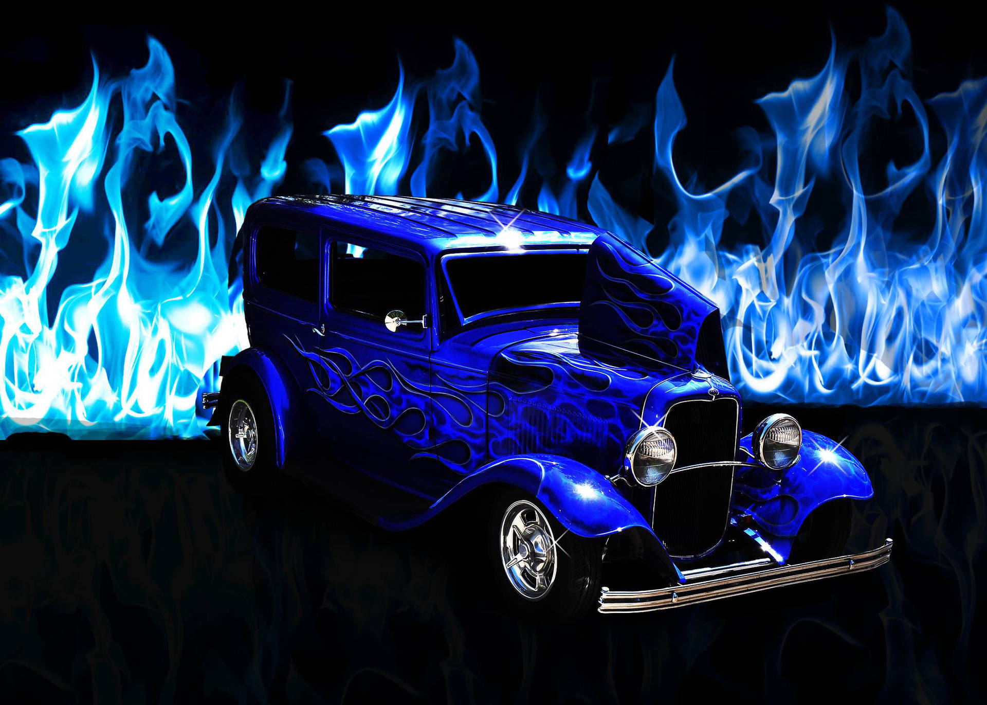 Vibrant Blue Flames Engulfing A Vintage Ford Background