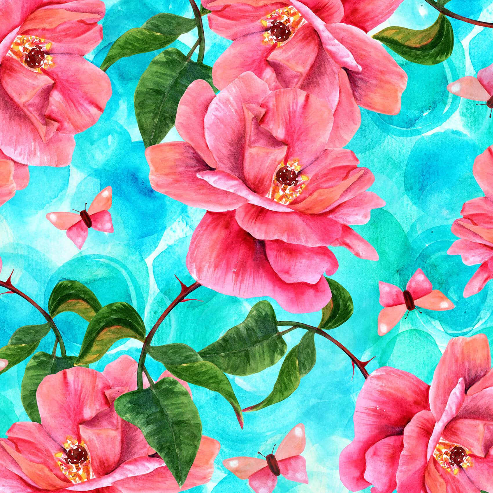 Vibrant Camelliasand Butterflies Pattern Background