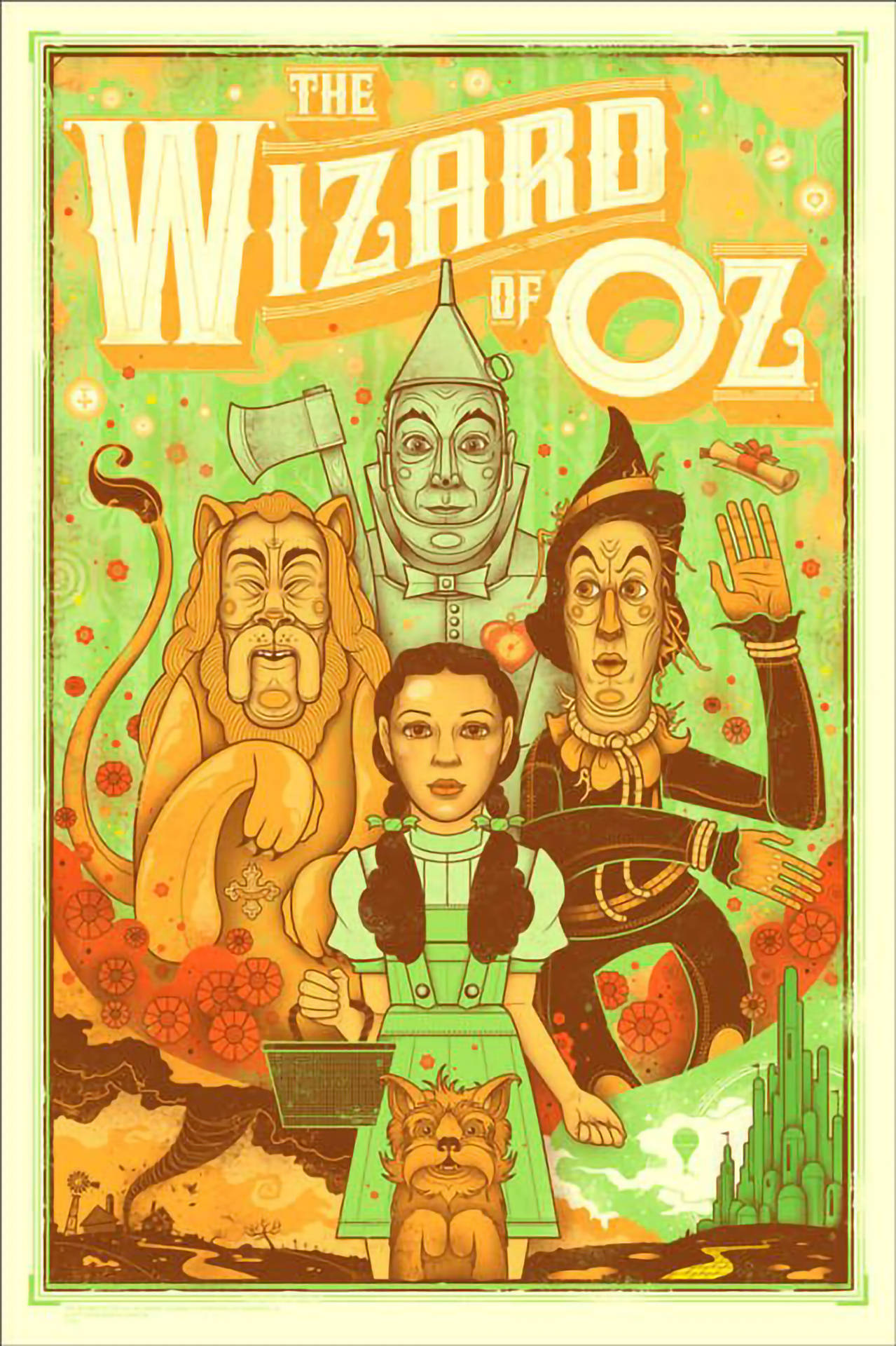 Vibrant Caricature Portrait Of The Wizard Of Oz Cast Background