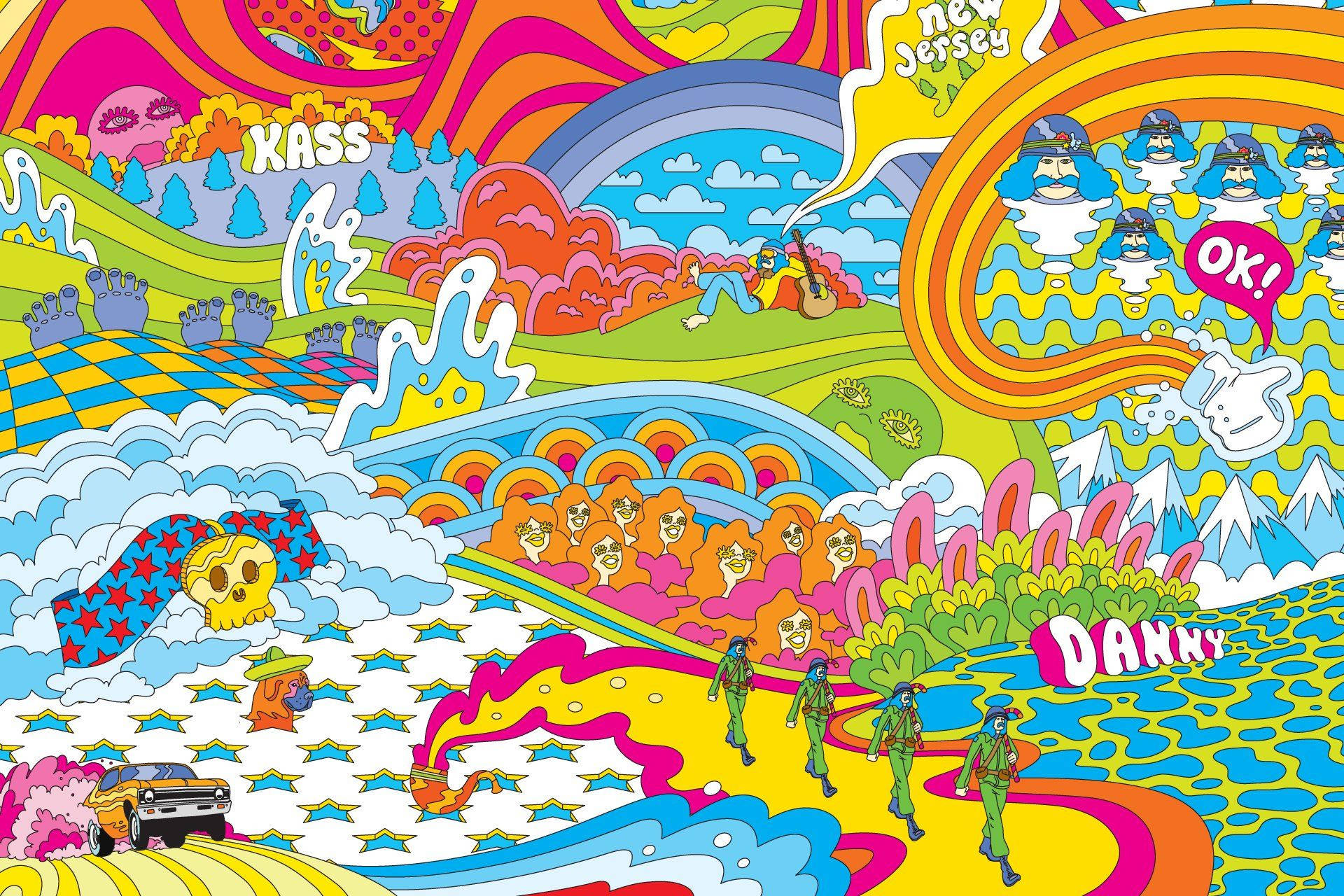 Vibrant Cartoonish Hippie Illustration Background