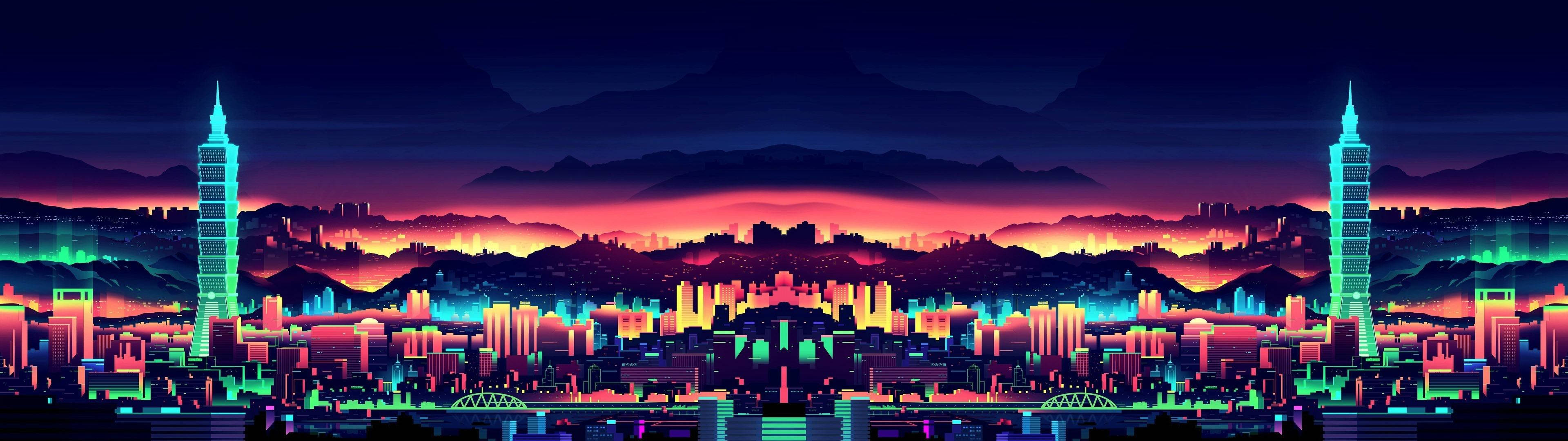 Vibrant City Panorama In Dual Monitor Display Background