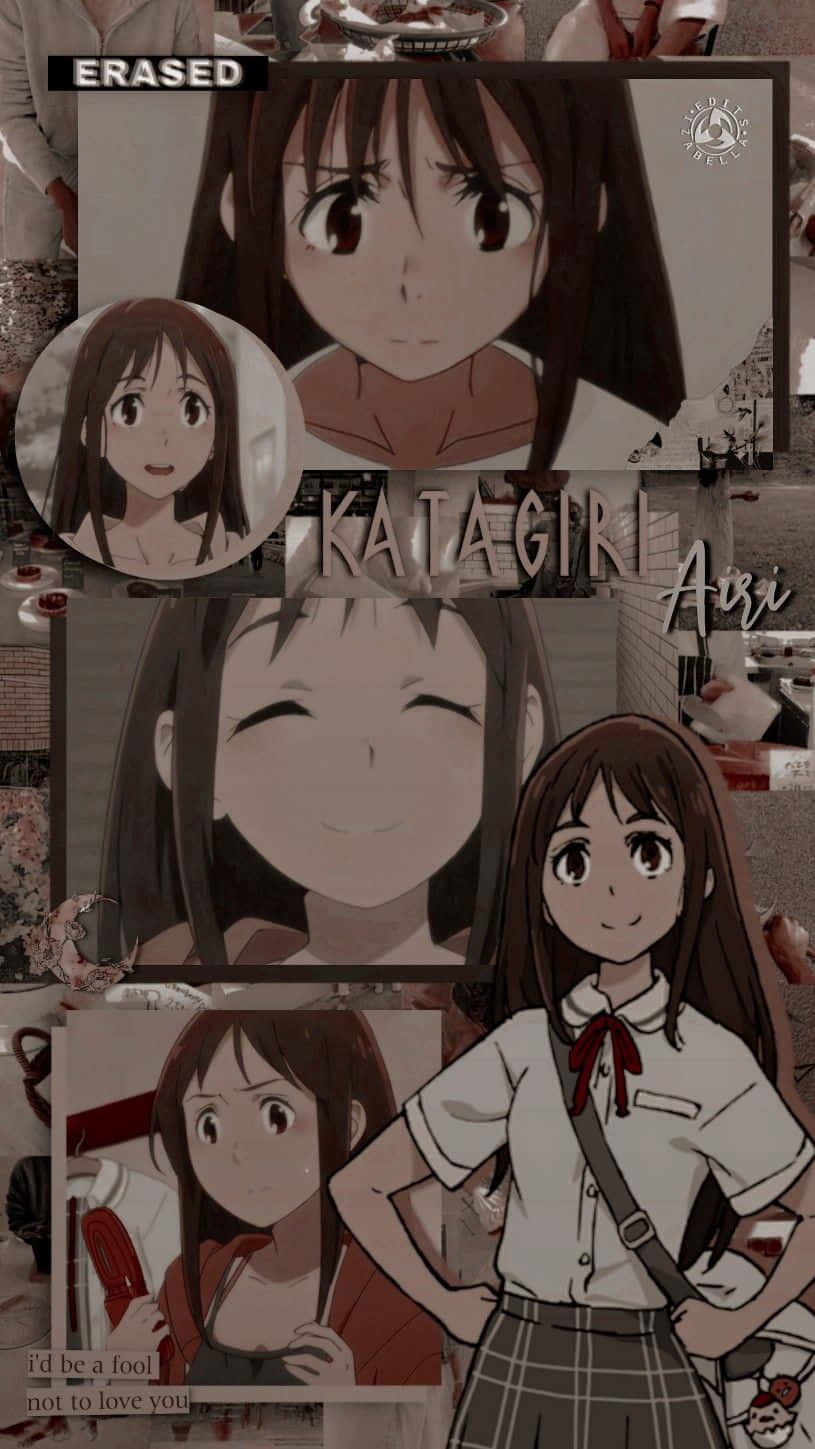 Vibrant Collage Artwork Of Airi Katagiri From Erased Anime Background