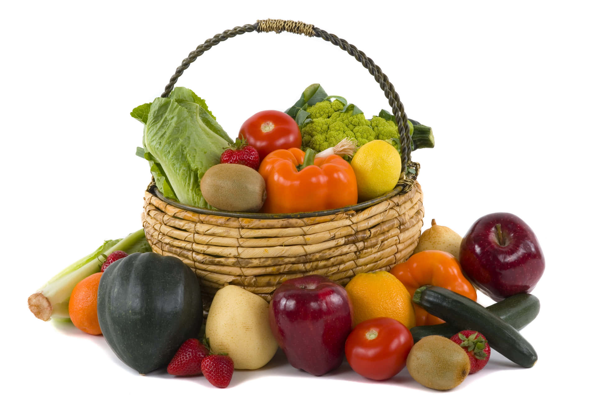 Vibrant Collection Of Fresh Fruits And Vegetables In A Round Basket