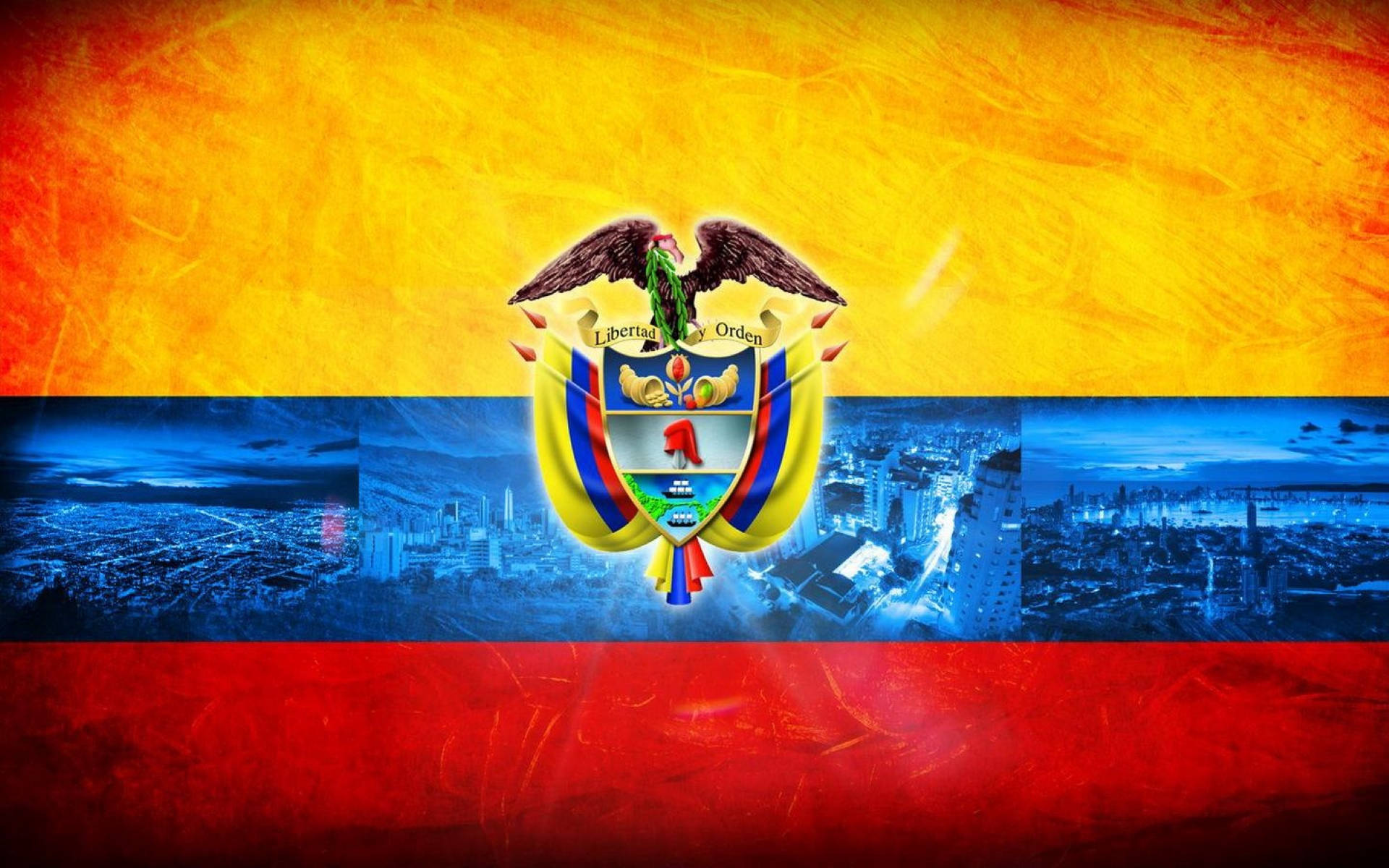 Vibrant Colombian Flag With Coat Of Arms Background
