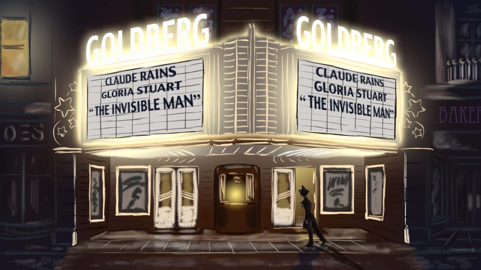 Vibrant Evening View Of Goldberg Theater Exterior Background