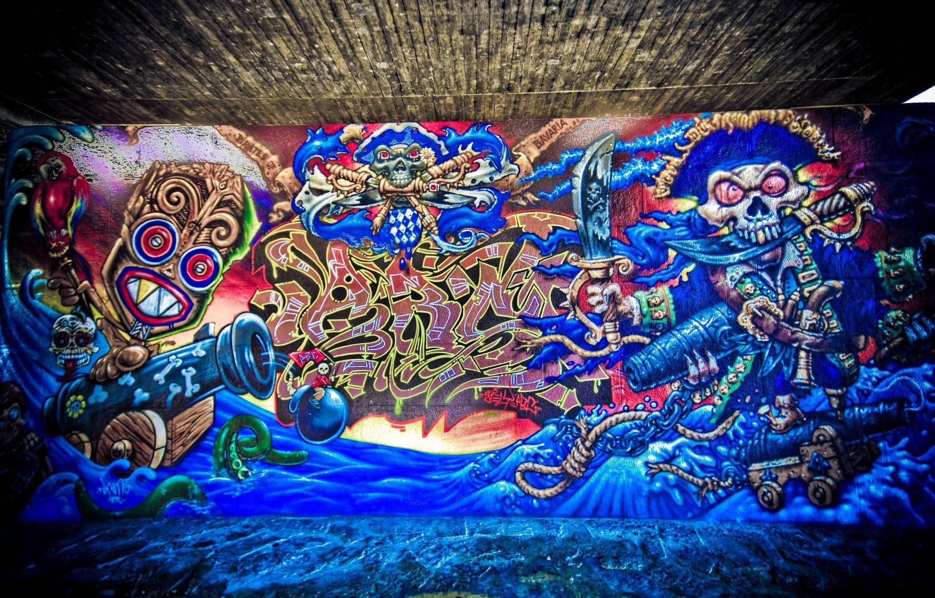 Vibrant Graffiti Art Depicting A Pirate Battle Scene Background