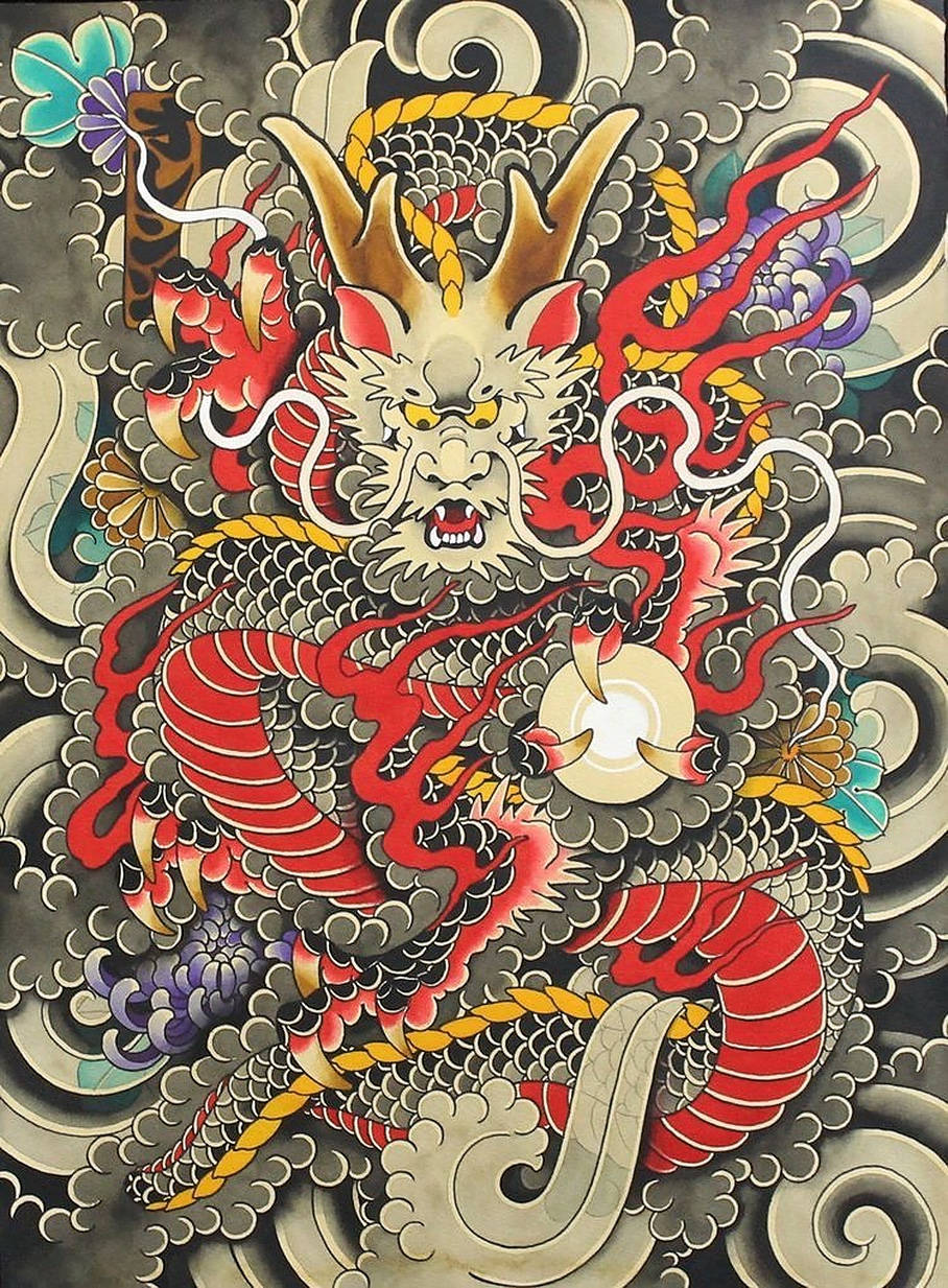 Vibrant Japanese Dragon Tattoo Design Background
