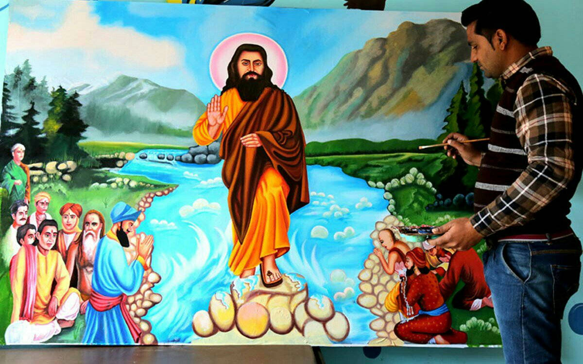 Vibrant Mural Painting Of Guru Ravidass Background