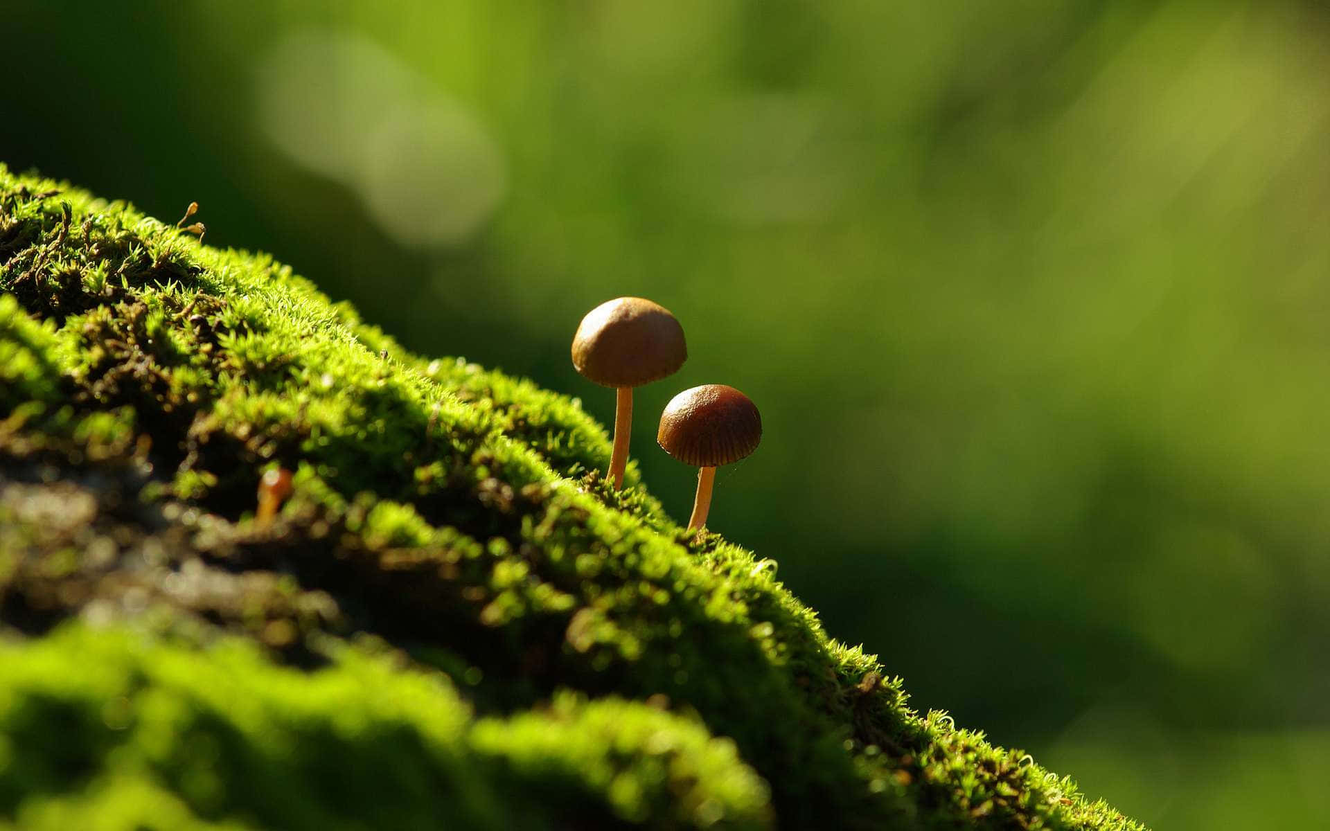 Vibrant Psilocybe Fungus Growing On Mossy Forest Floor