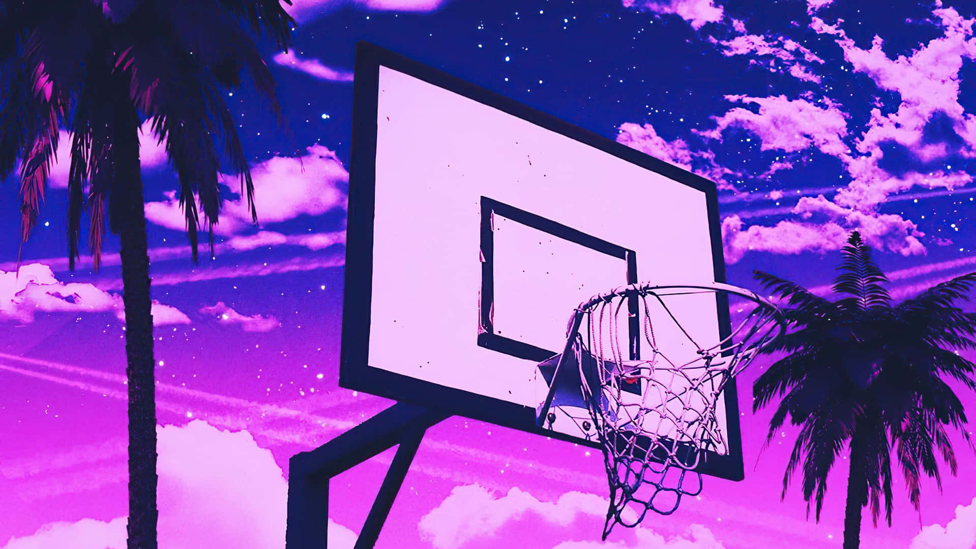 Vibrant Purple Basketball Hoop Sunset Background