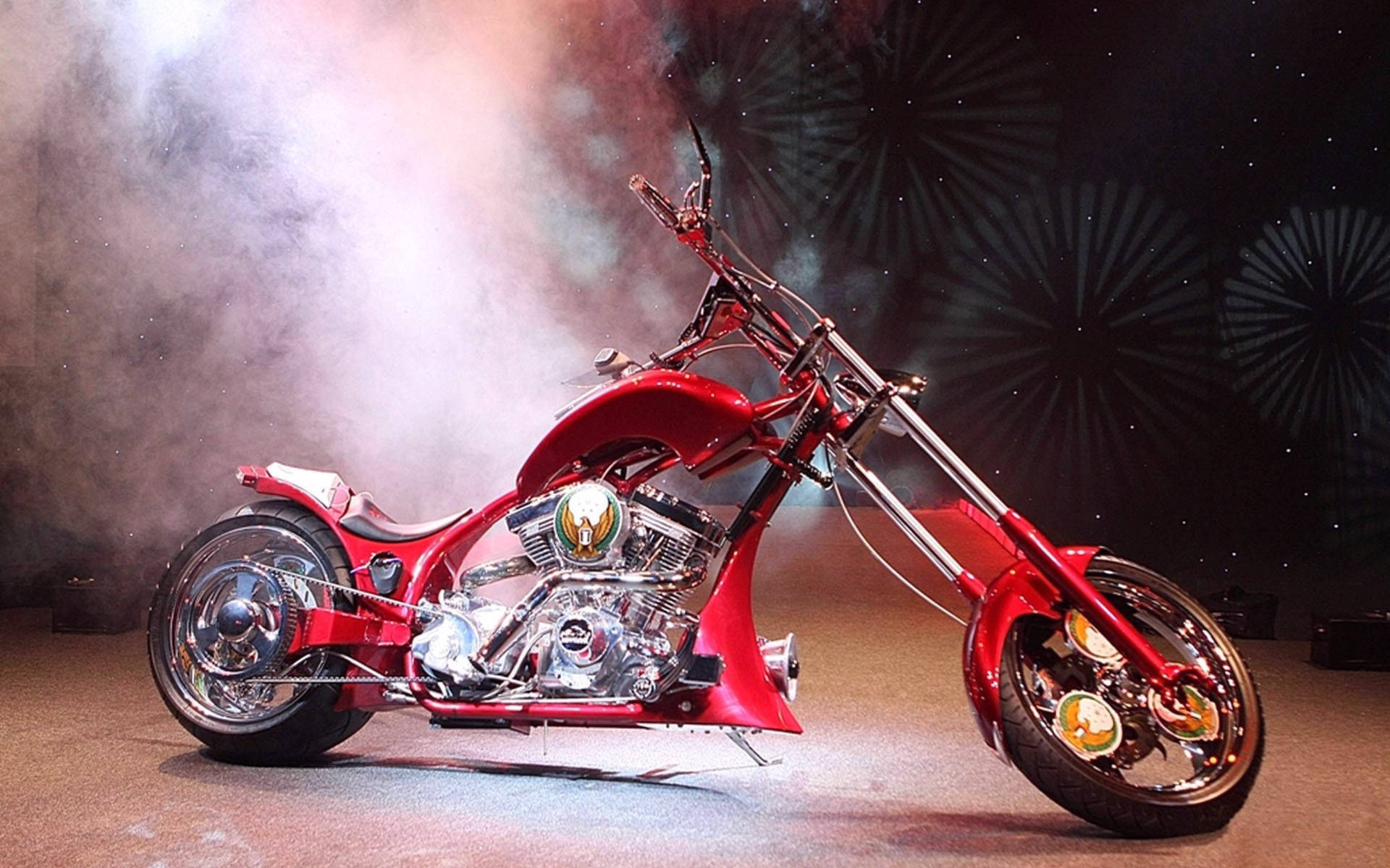 Vibrant Red Chopper Motorcycle Background