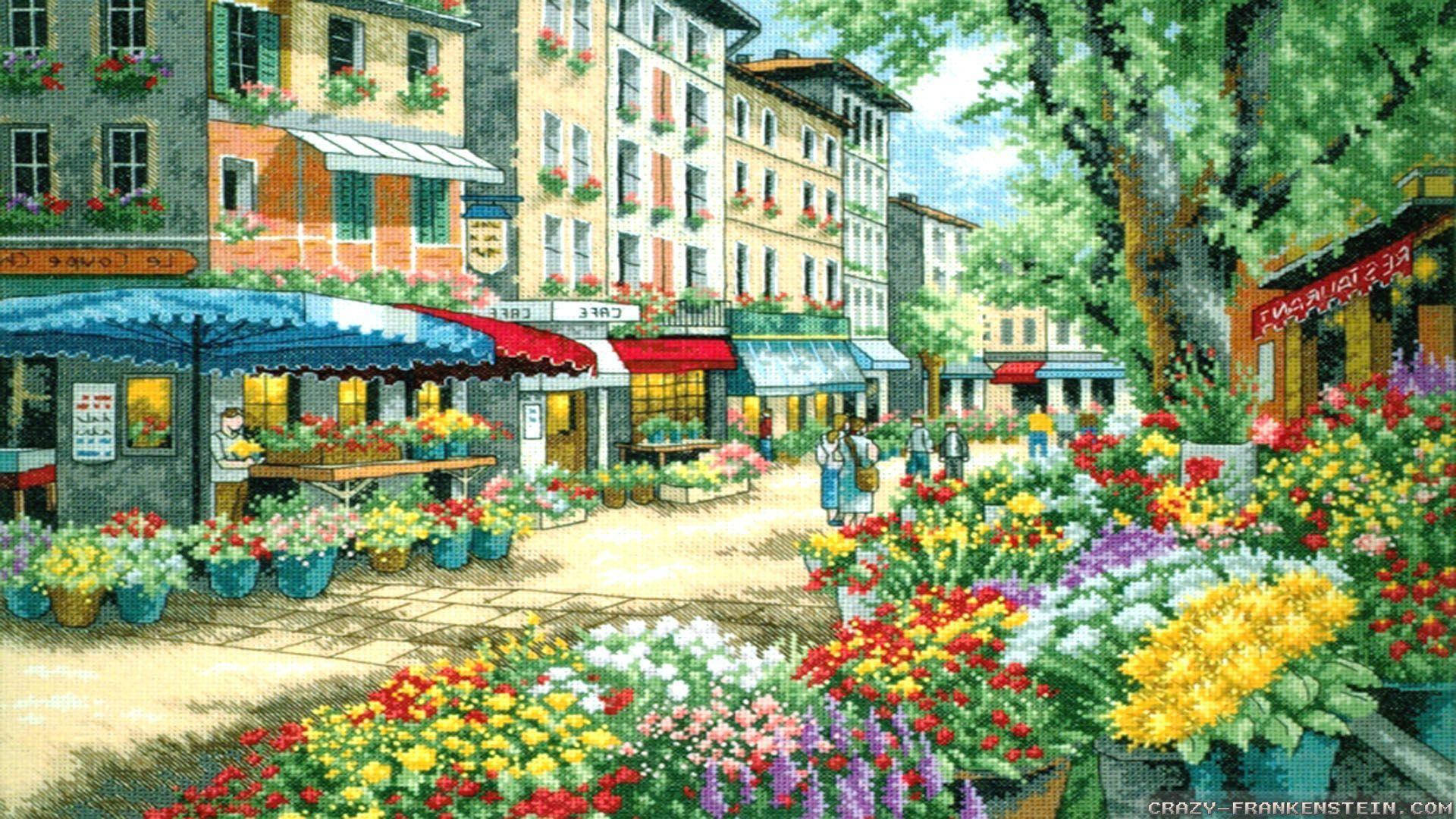 Vibrant Scene At A Bustling Flower Market Background