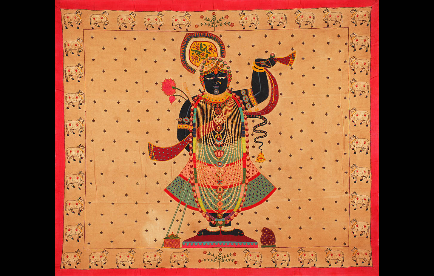 Vibrant Shrinathji Pichwai Painting With Red Borders Background