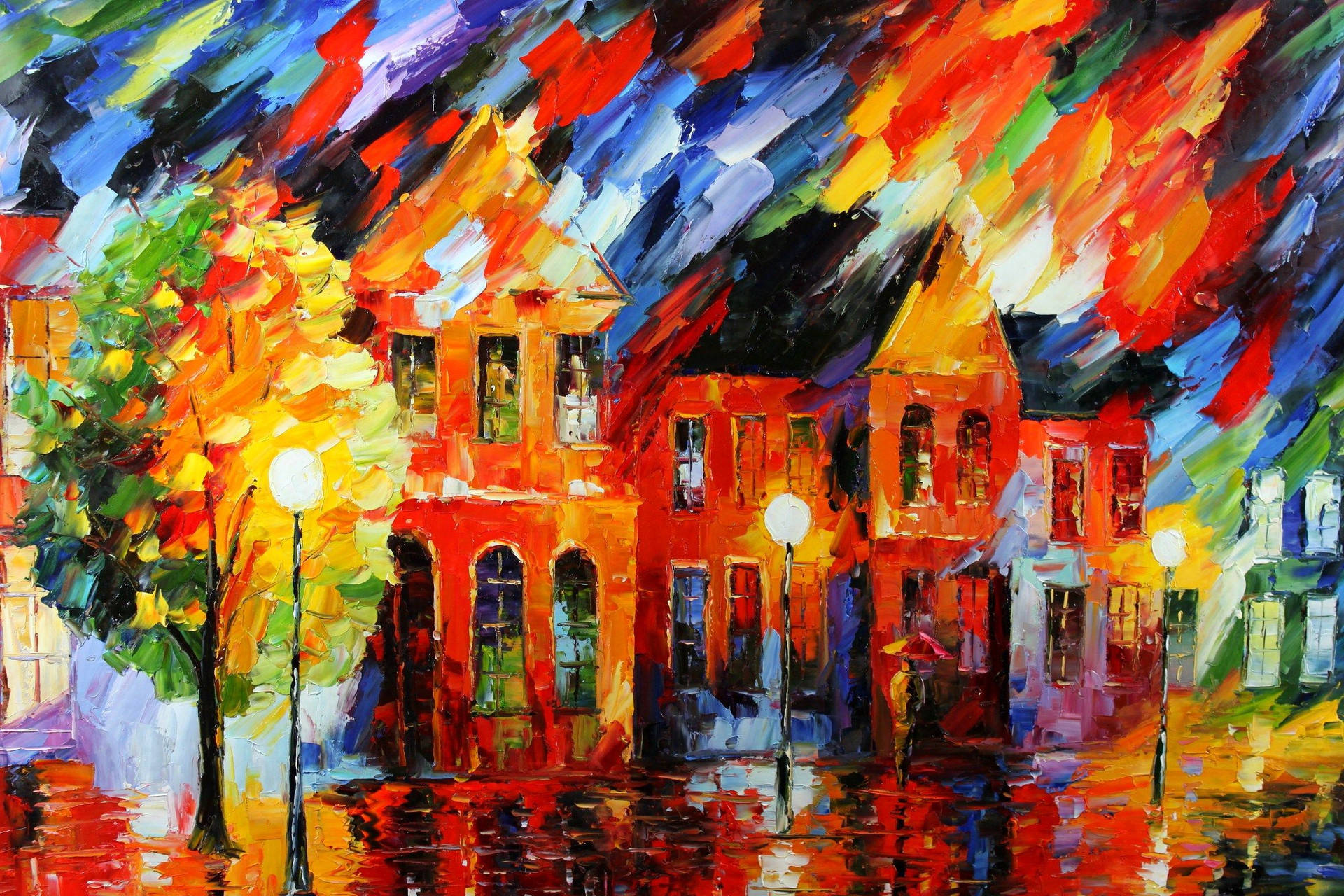 Vibrant Urban Romance - A Leonid Afremov Masterpiece. Background