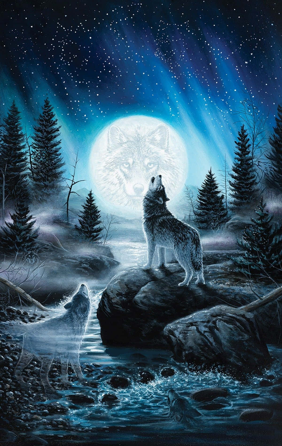 Vibrant Wolf Moon Rising Through The Trees Background