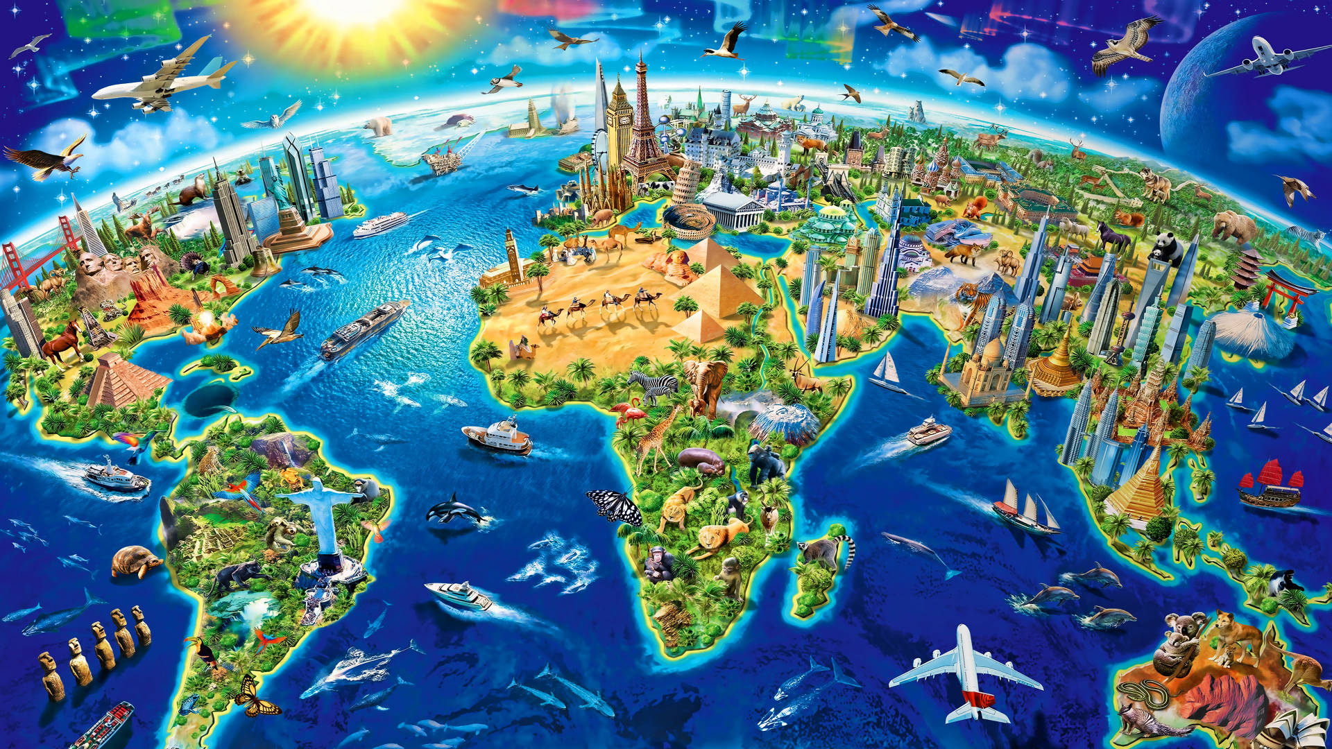 Vibrant World Map Cartoon Background