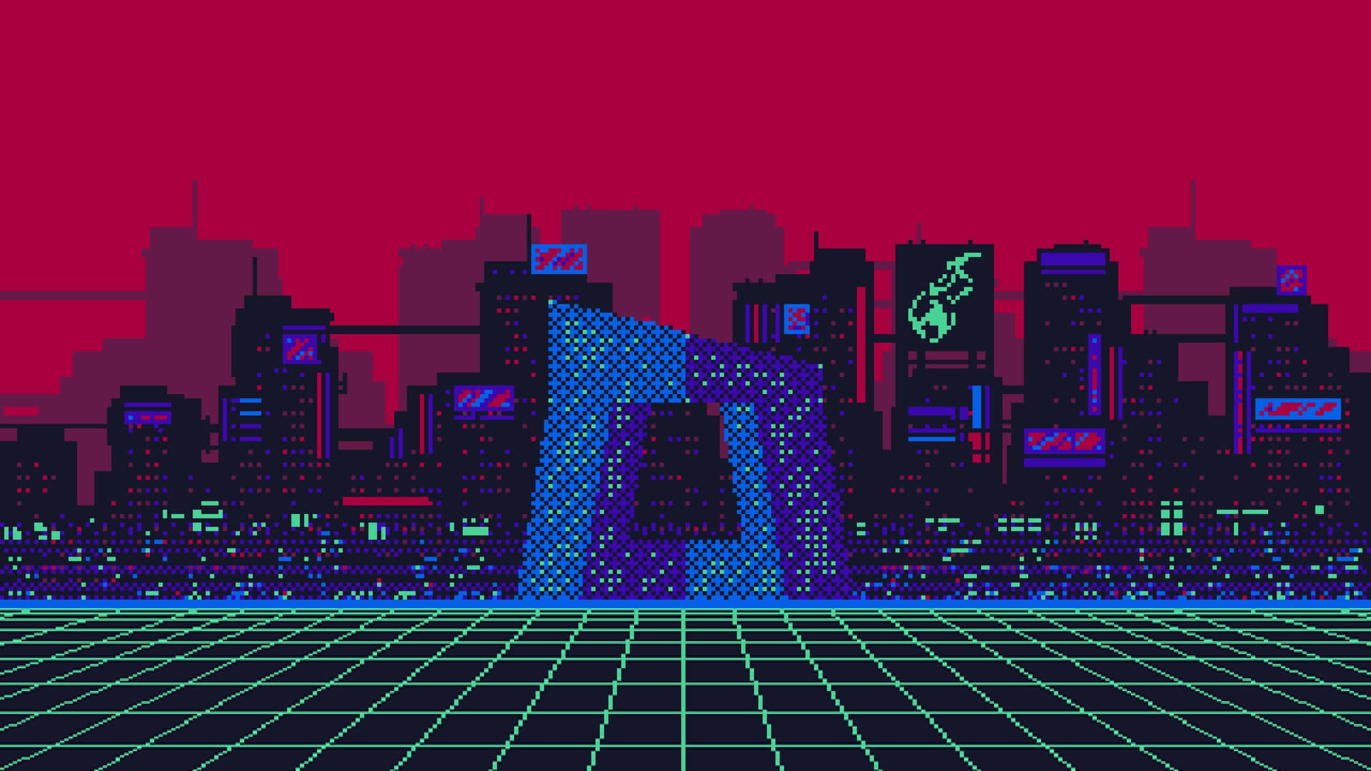 Vibrantly Detailed Pixel Art Futuristic Cyberpunk City Background