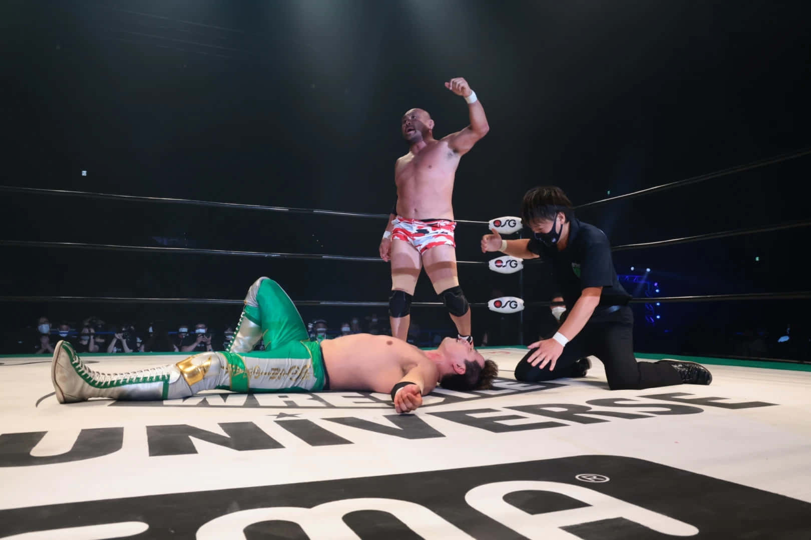 Victorious Wrestler Standing Over Opponent Background