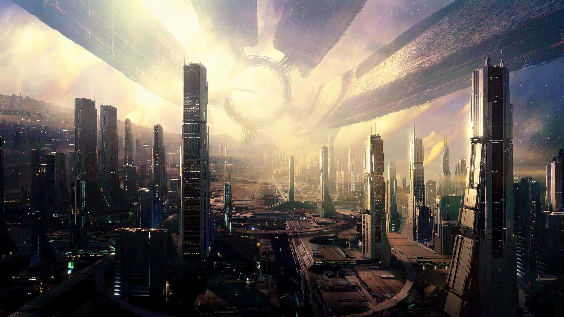 View Of A Futuristic City With Bright Lights And Tall Skyscrapers Background