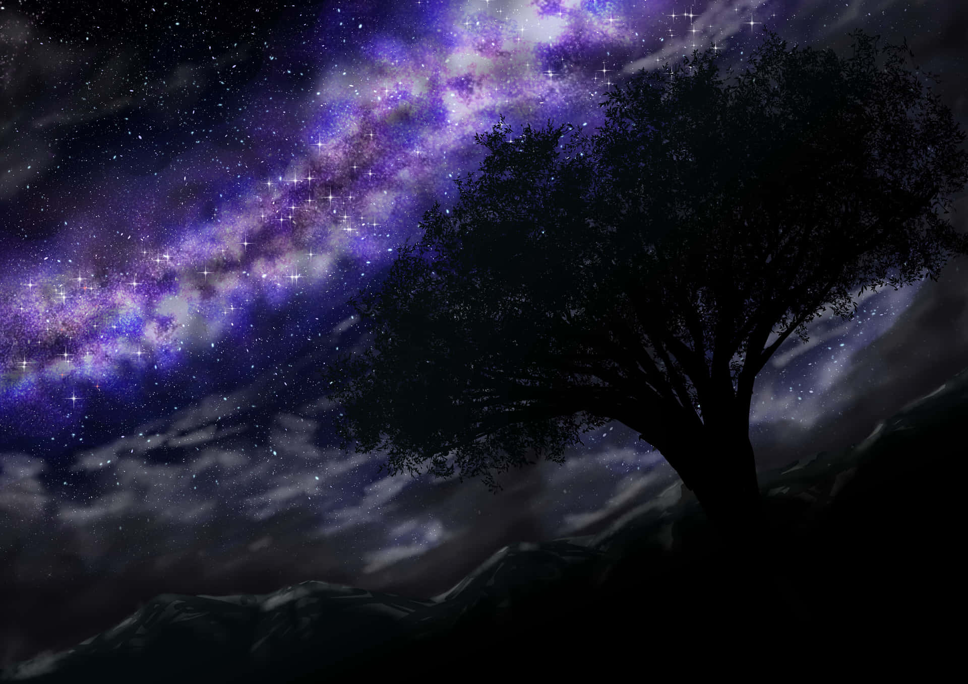 View Of An Illuminated Starry Sky From A Distant Mountain Meadow Background