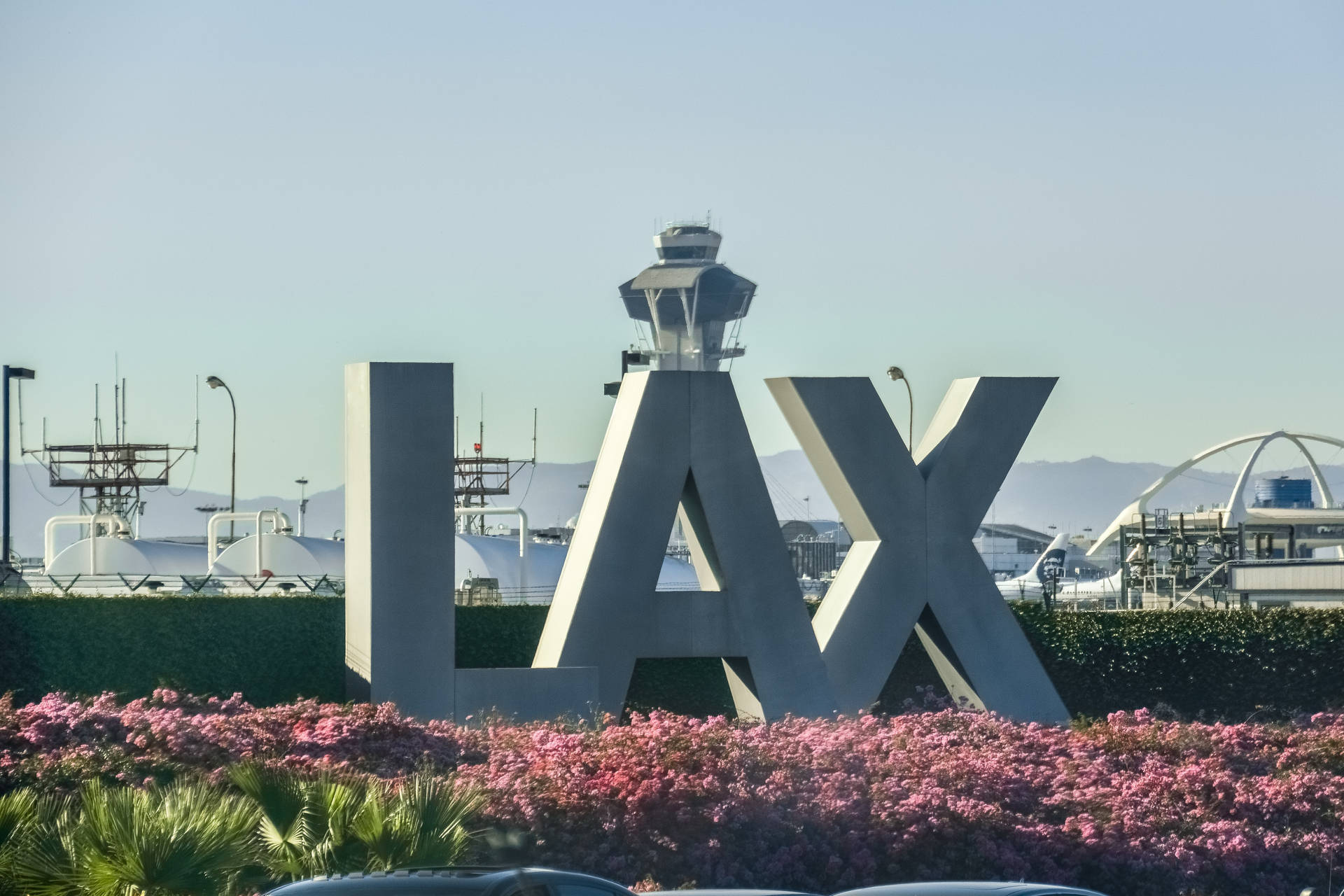 View Of Lax Departures Walkway With Pink Flowers Background