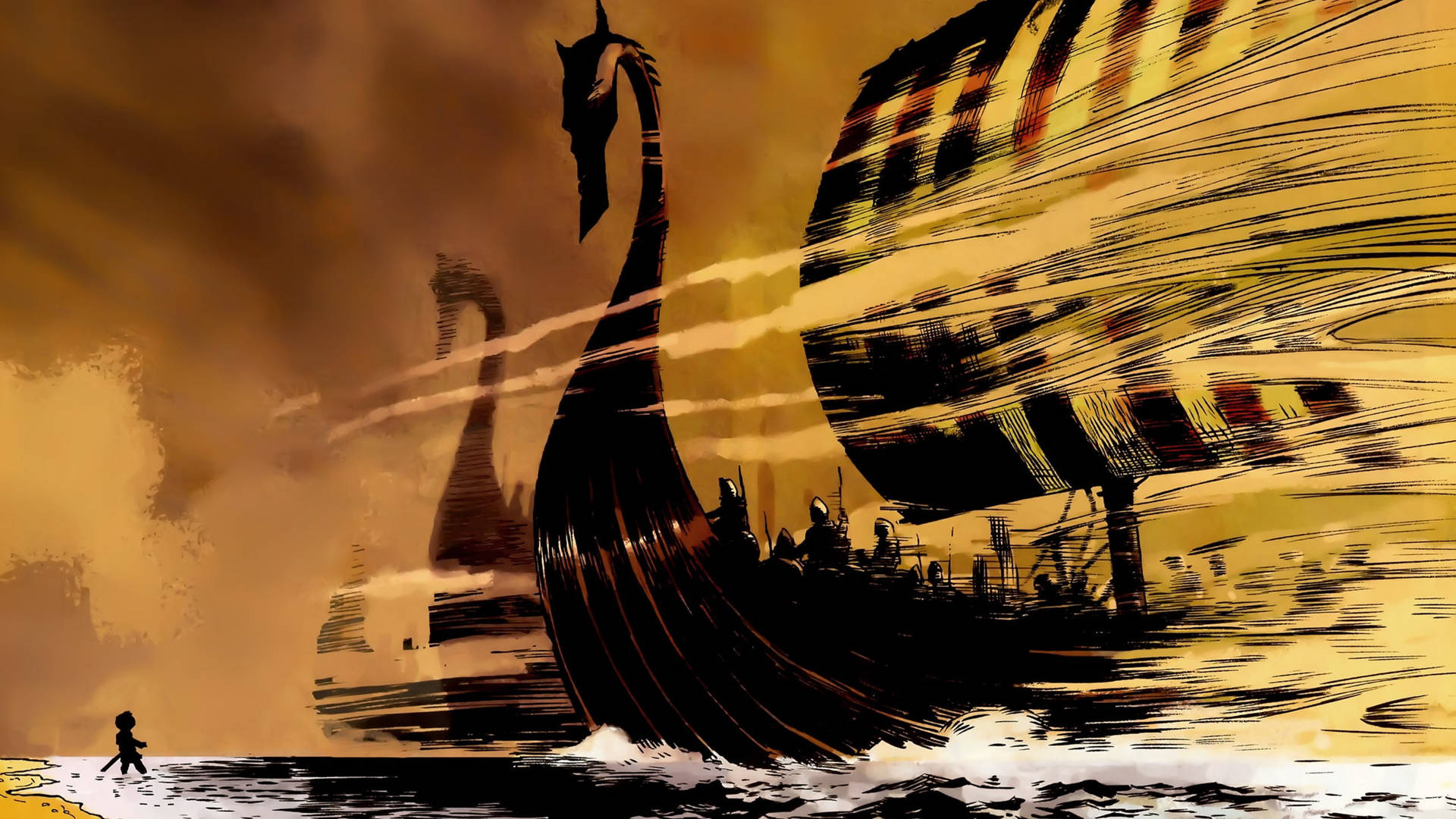 Viking Ship Brush Art Background
