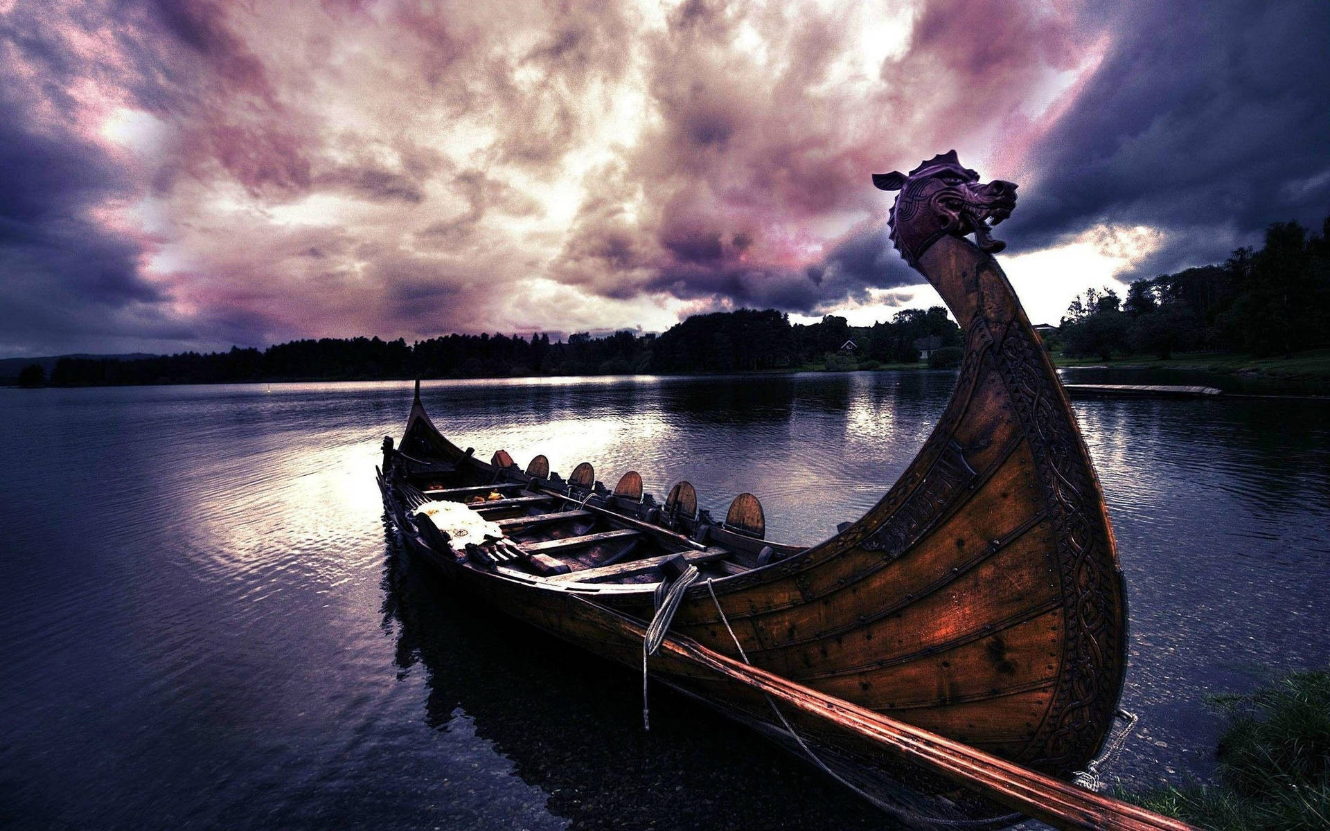 Viking Ship In Lake Background