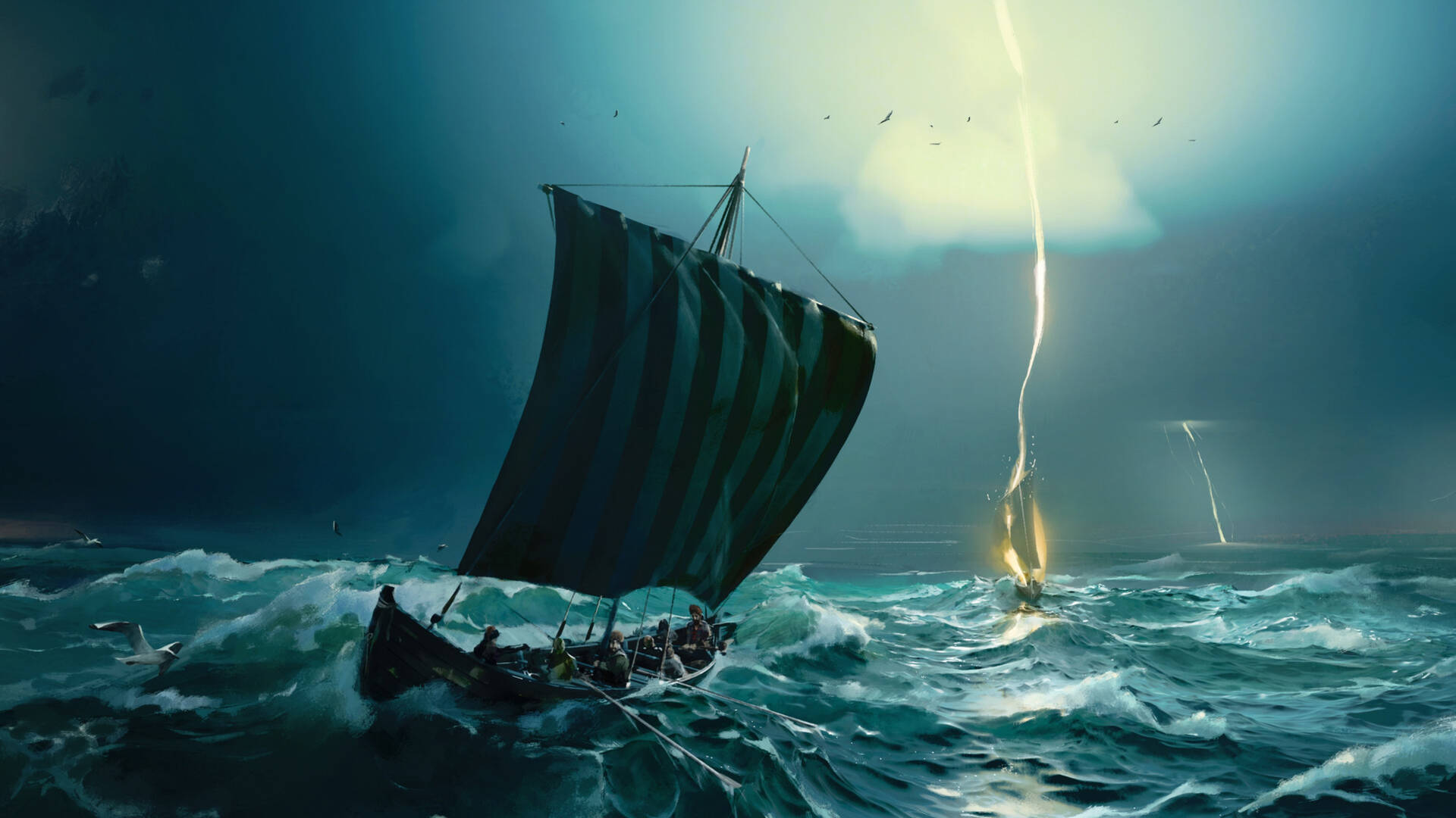 Viking Ship In Storm Background