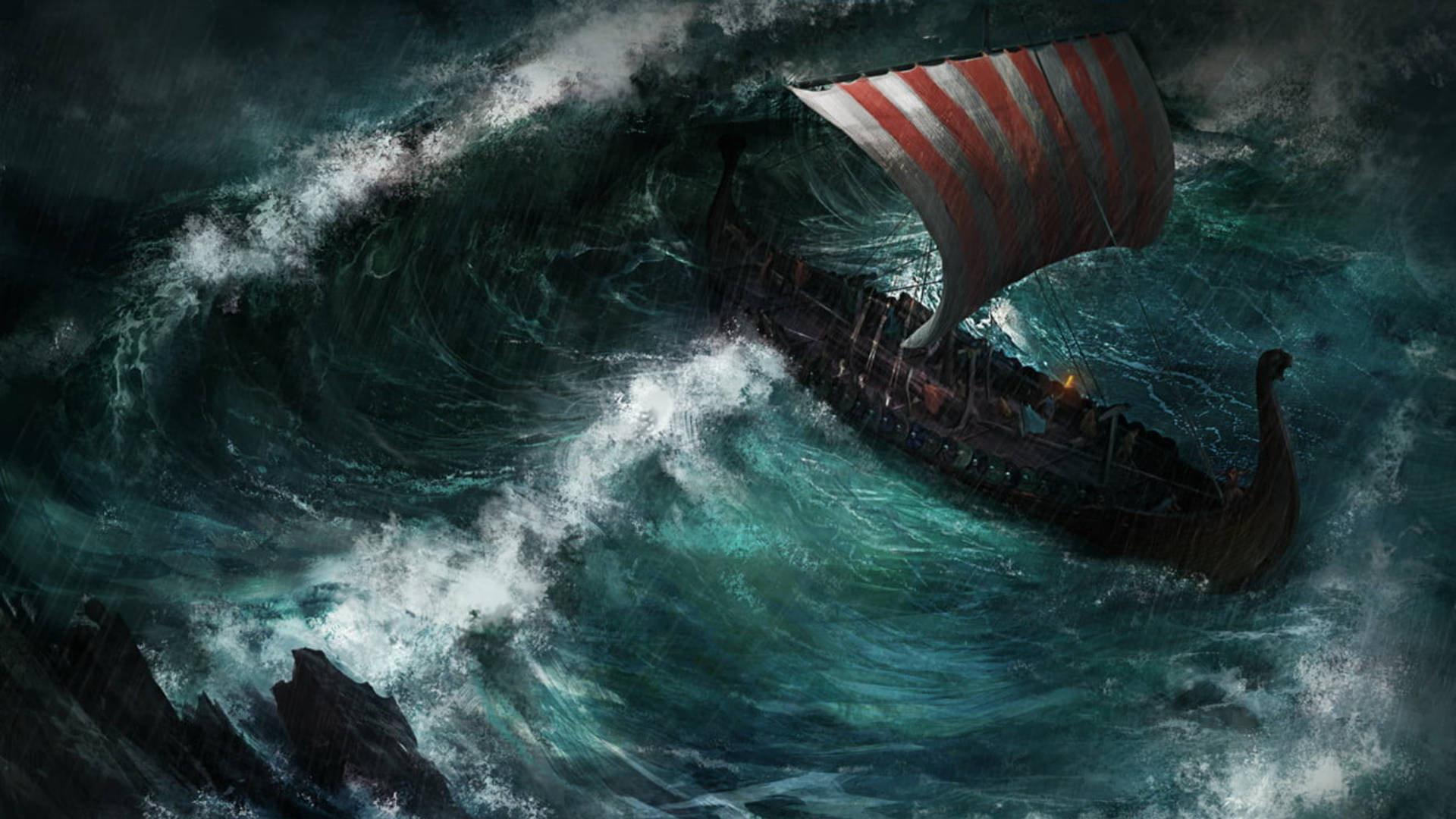 Viking Ship On Hard Journey Background