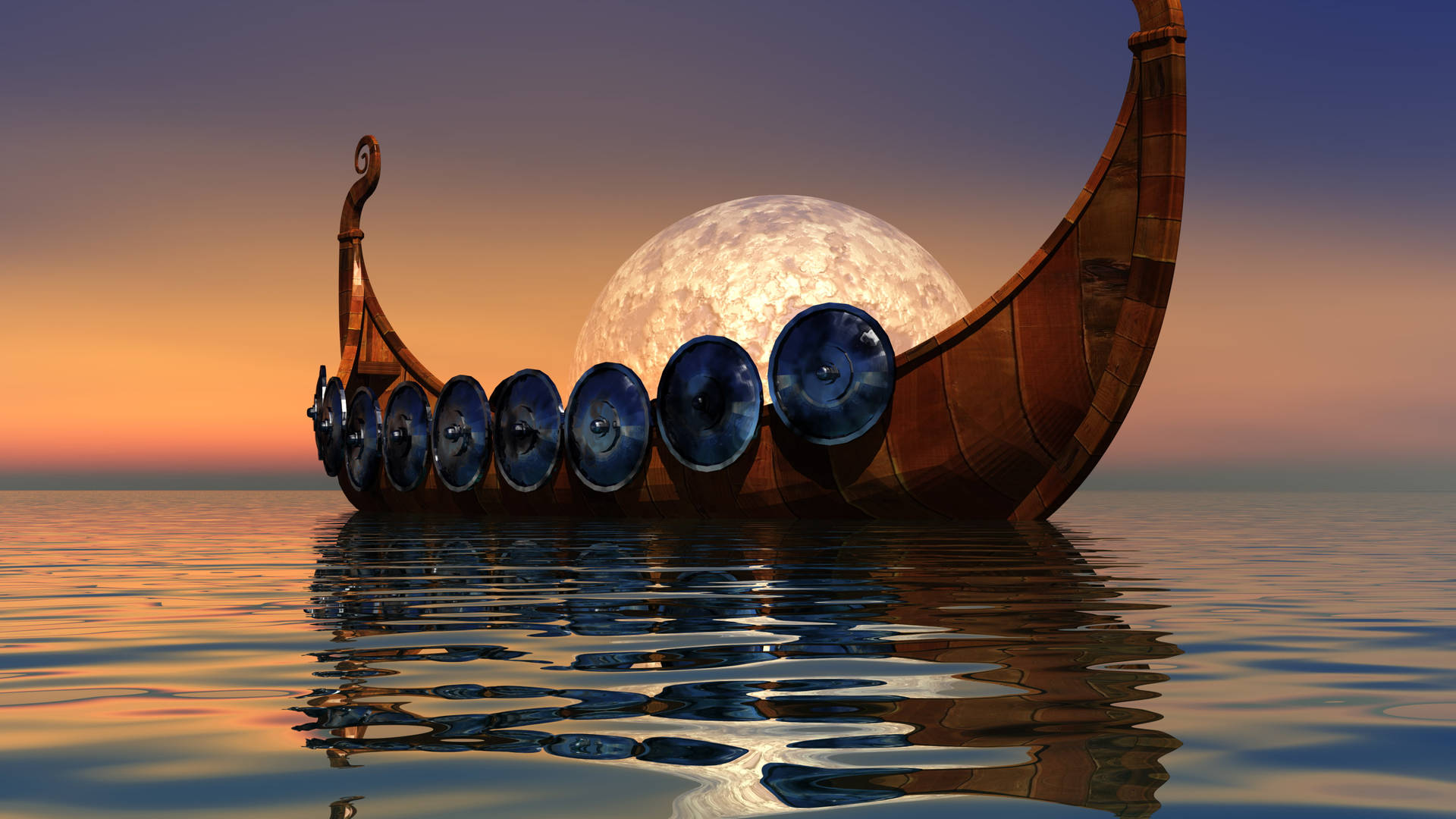 Viking Ship Under Full Moon Background