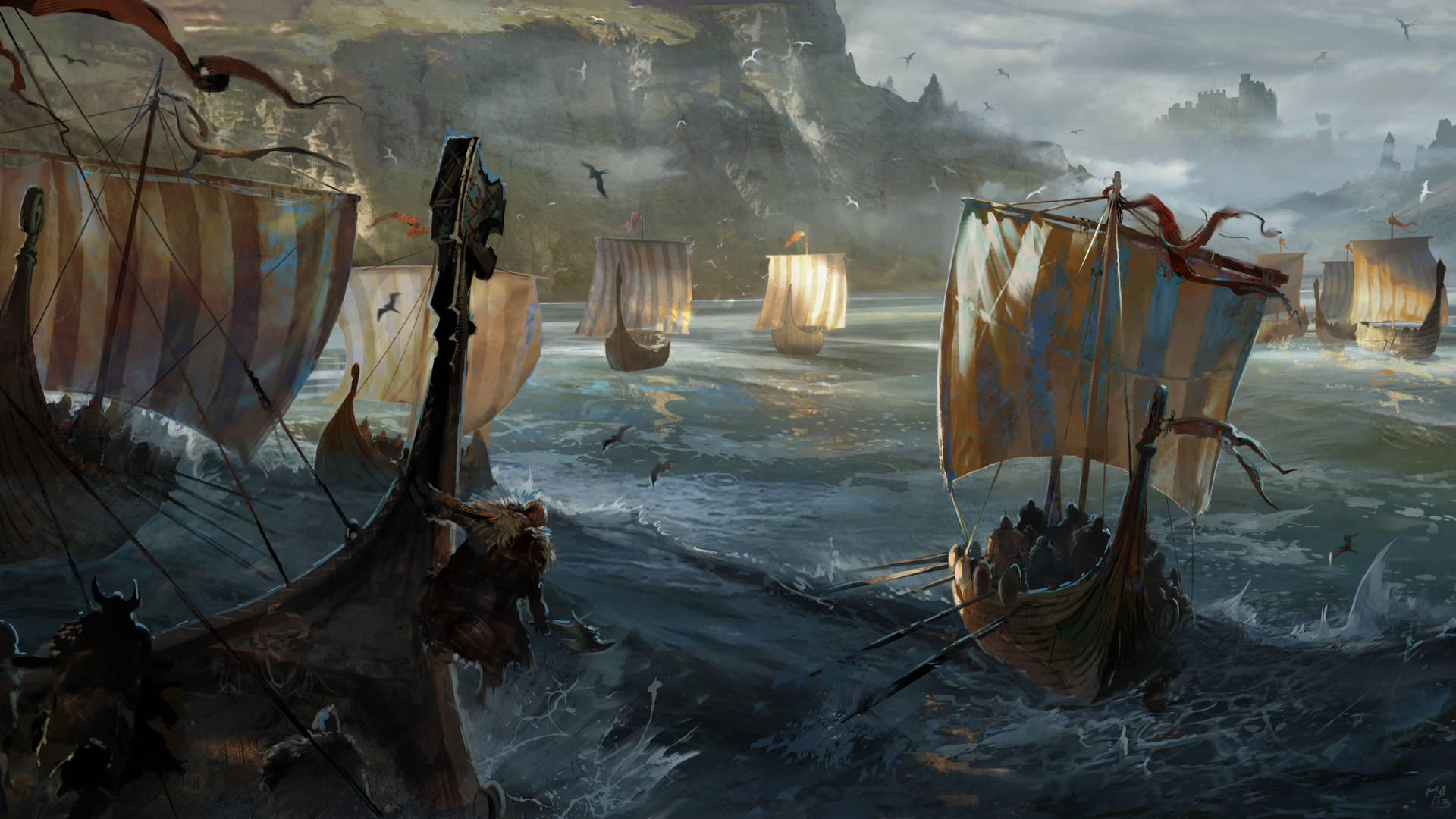 Viking Ships Fantasy Artwork Background