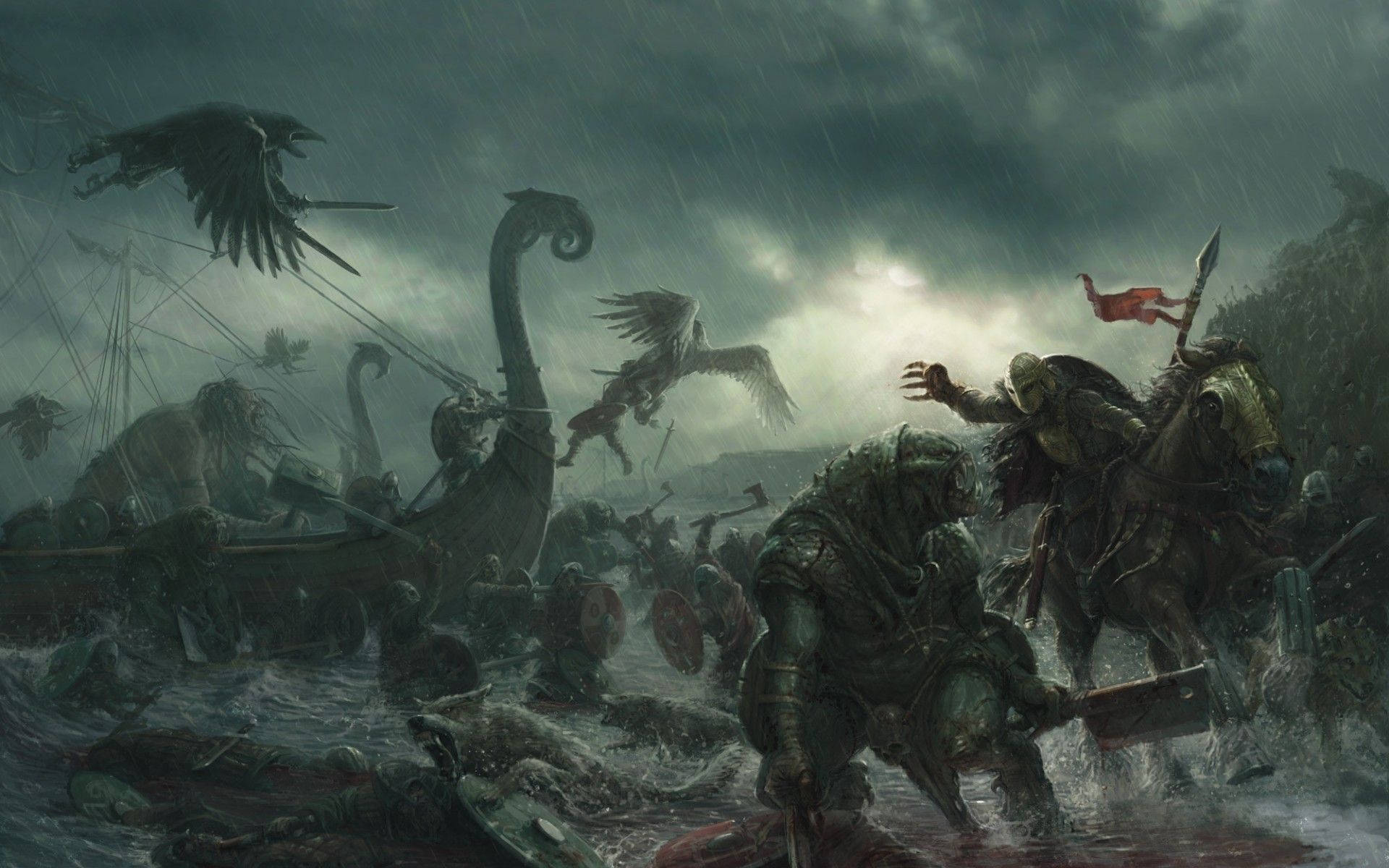 Viking Warriors Against Monsters Background