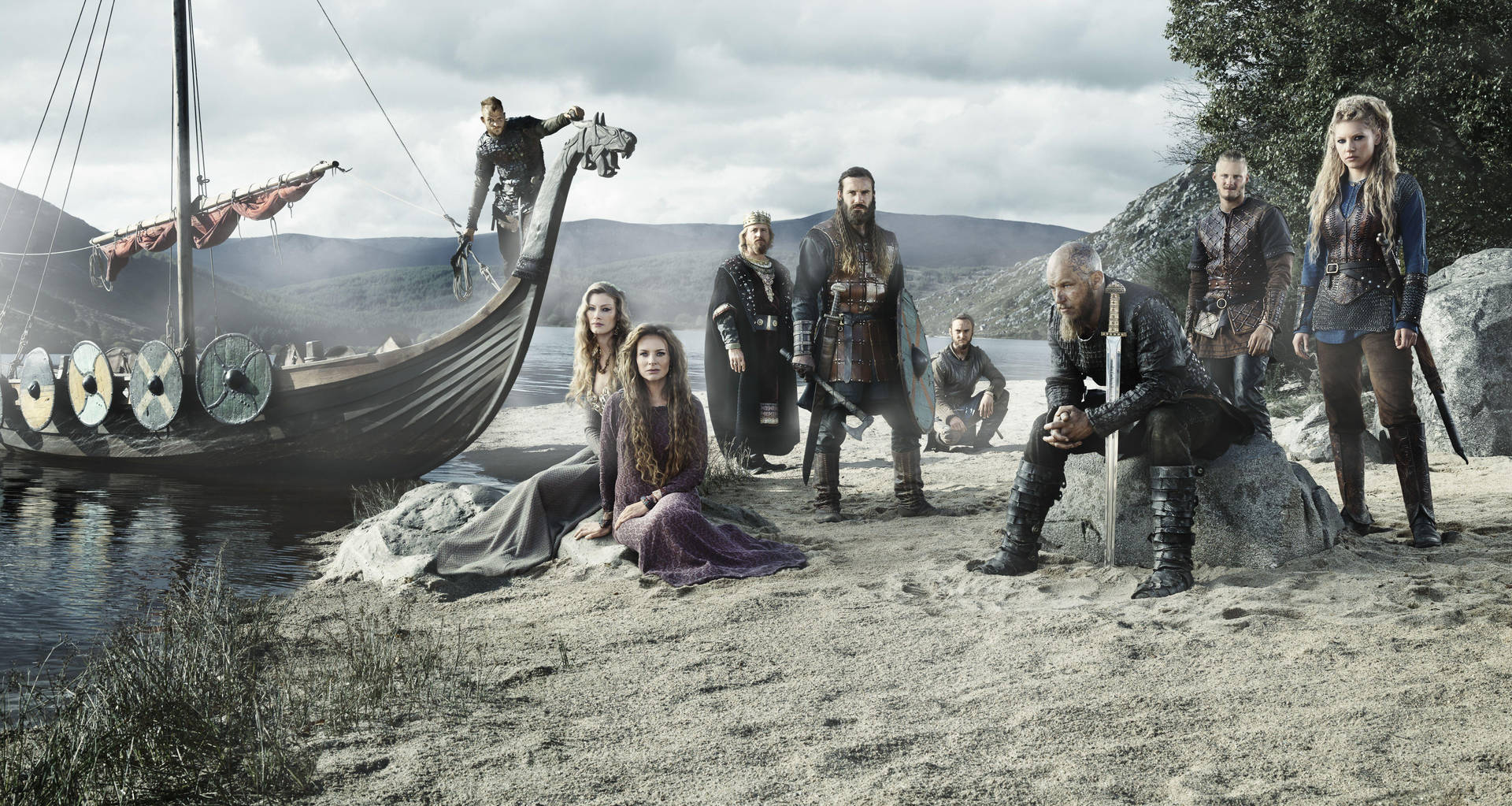 Vikings Characters With Viking Ship Background