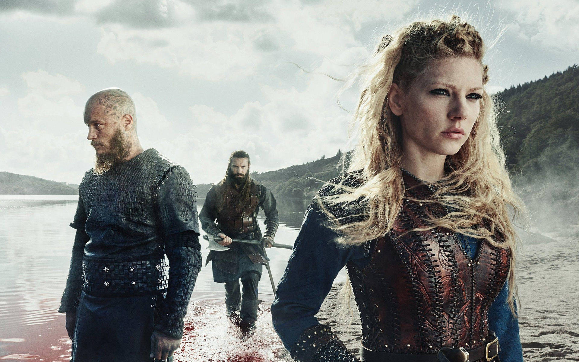 Vikings Ragnar, Rollo, And Lagertha Sea Background