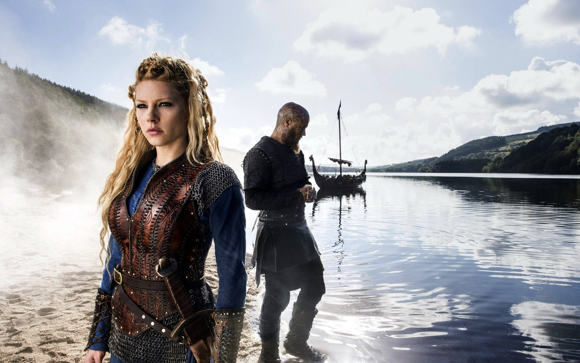 Vikings Ragnar With Lagertha And Battleship Background