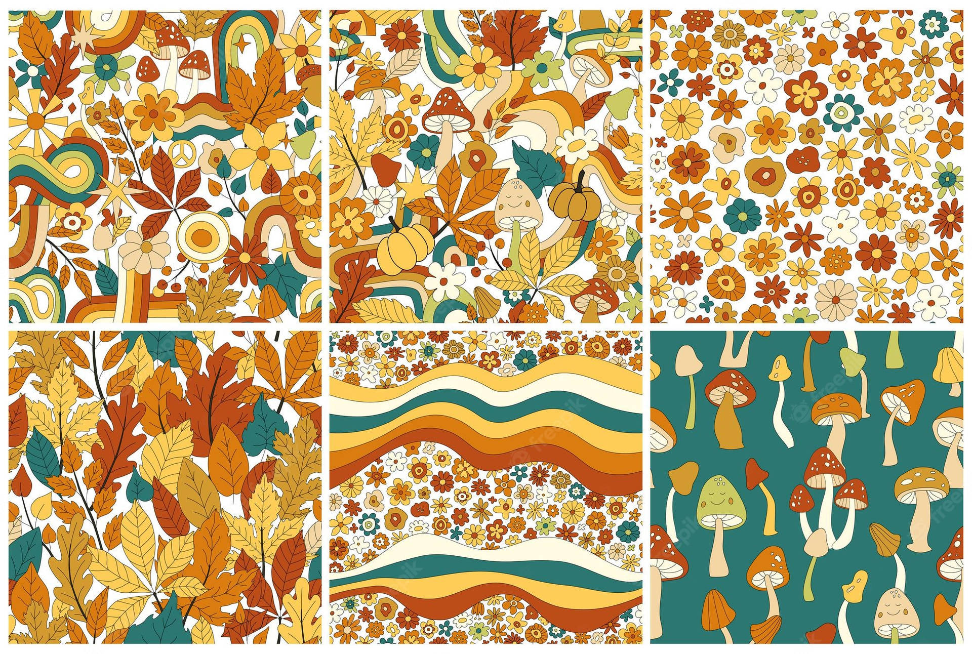 Vintage 70s Colorful Plants And Mushrooms Background