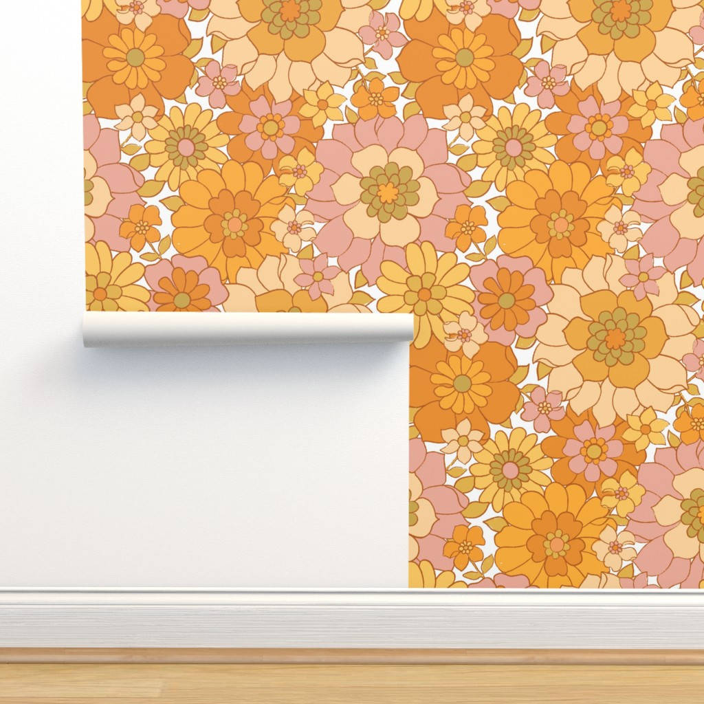 Vintage 70s Orange Floral Patterns Background