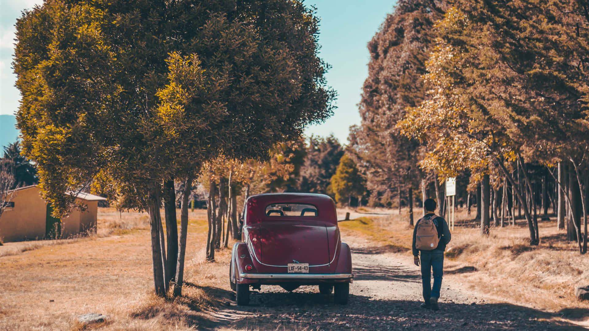 Vintage Autumn Man Walking Red Car Background