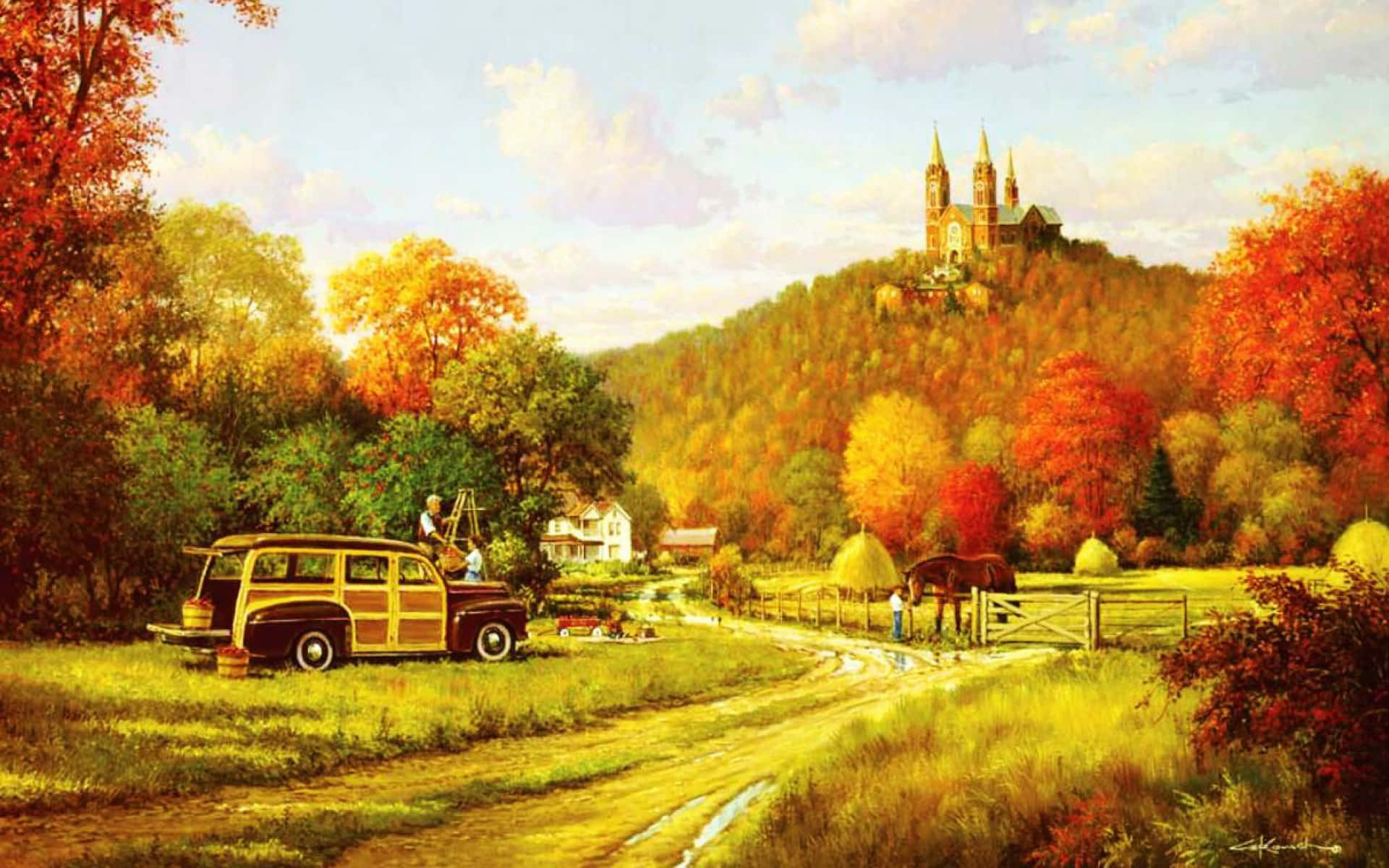 Vintage Autumn Painting Car Parked Background