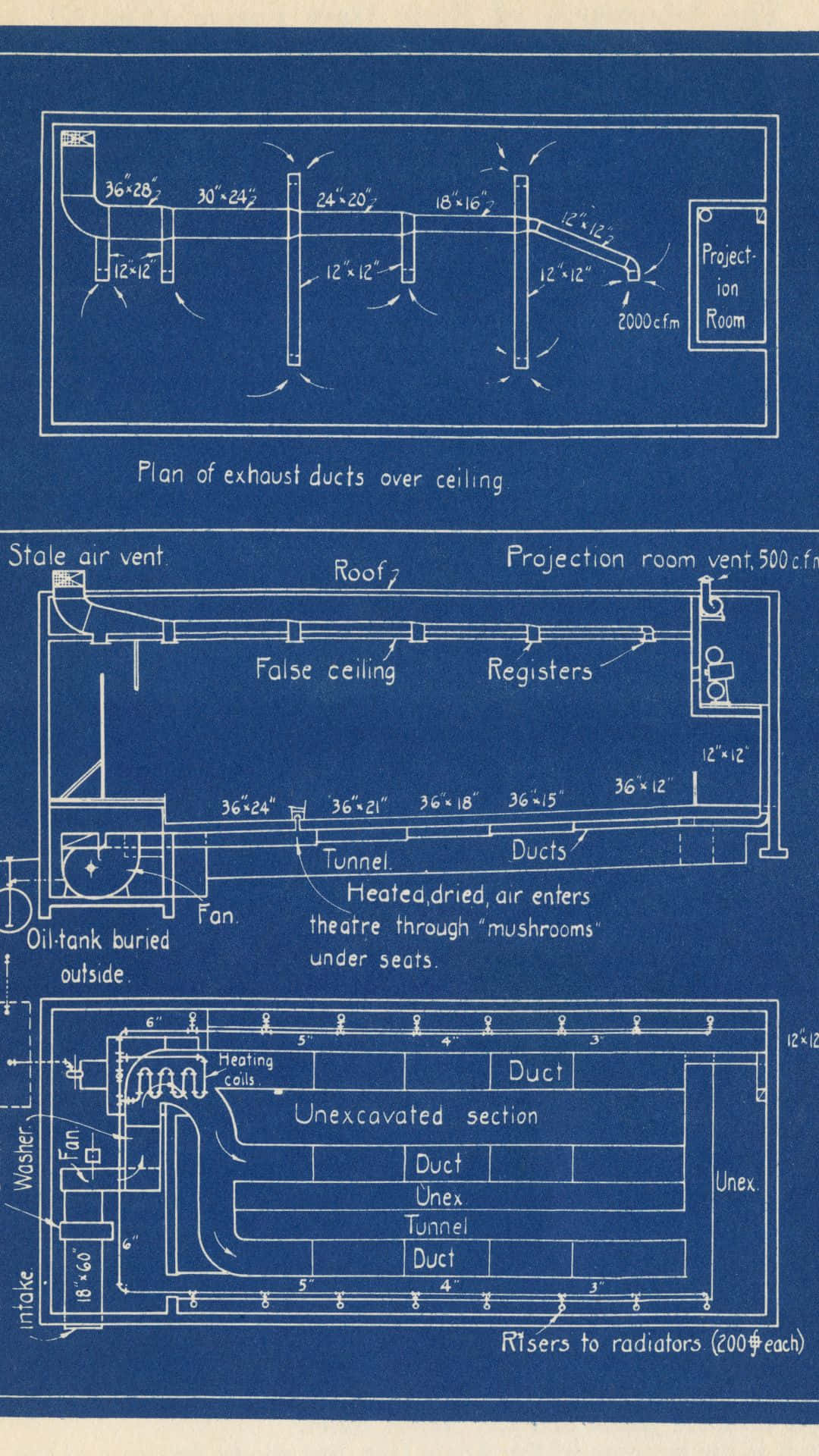 Vintage Blueprint Ventilation System Background