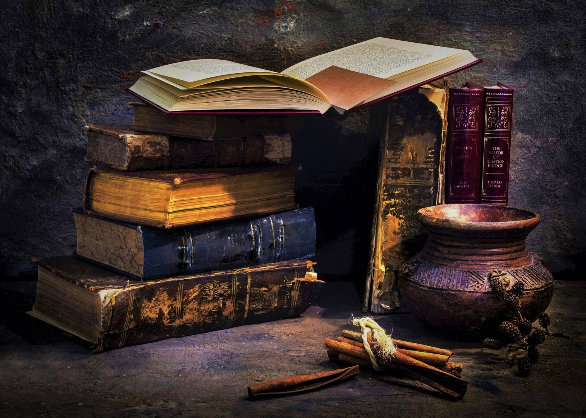 Vintage Bowl Accompanied By Aged Books