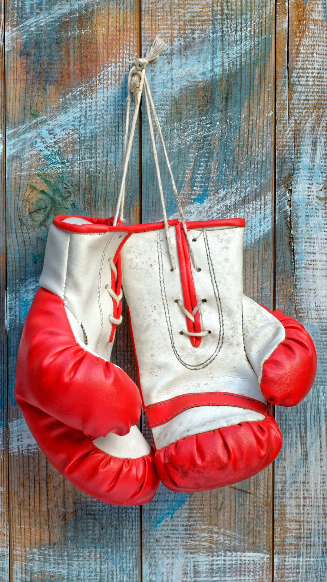 Vintage Boxing Gloves Hangingon Wooden Background