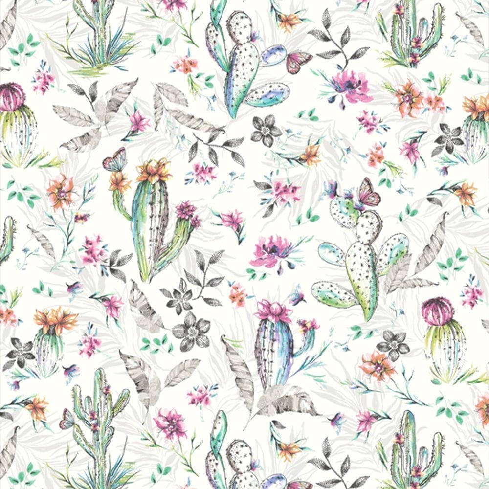 Vintage Cactus And Flowers Pattern Background