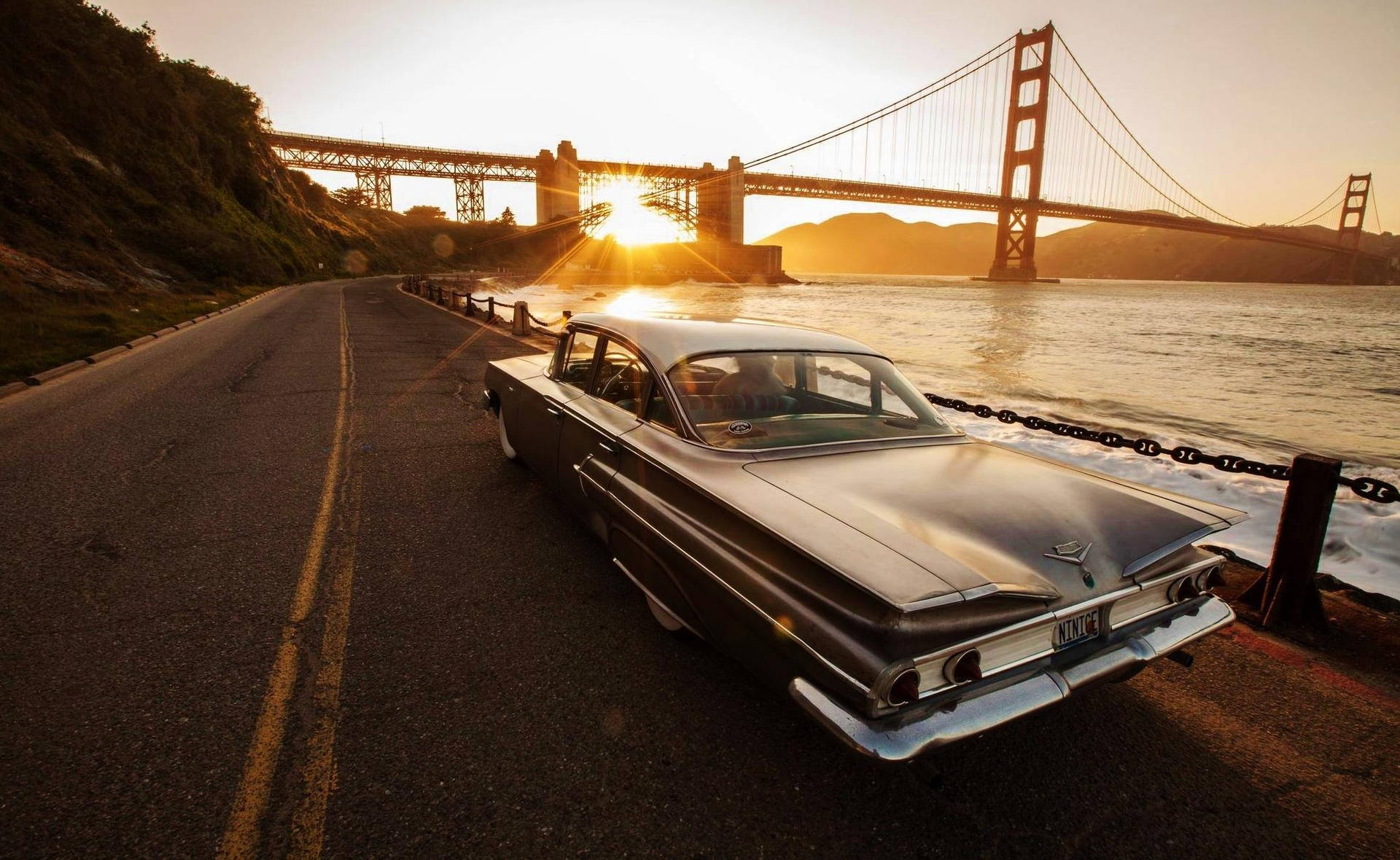 Vintage Cadillac Car On Bridge Background