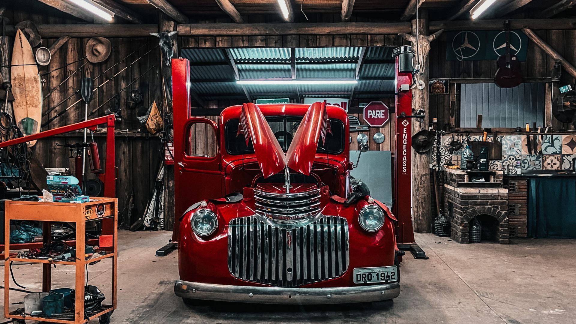 Vintage Car Garage Chevrolet Repair Shop Background