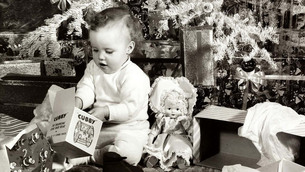 Vintage Christmas Scene With Presents And Snow Background