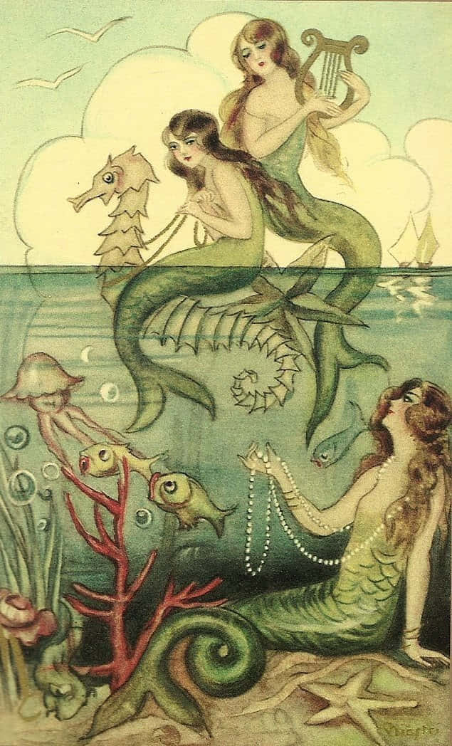 Vintage Drawing Of Three Mermaids Background