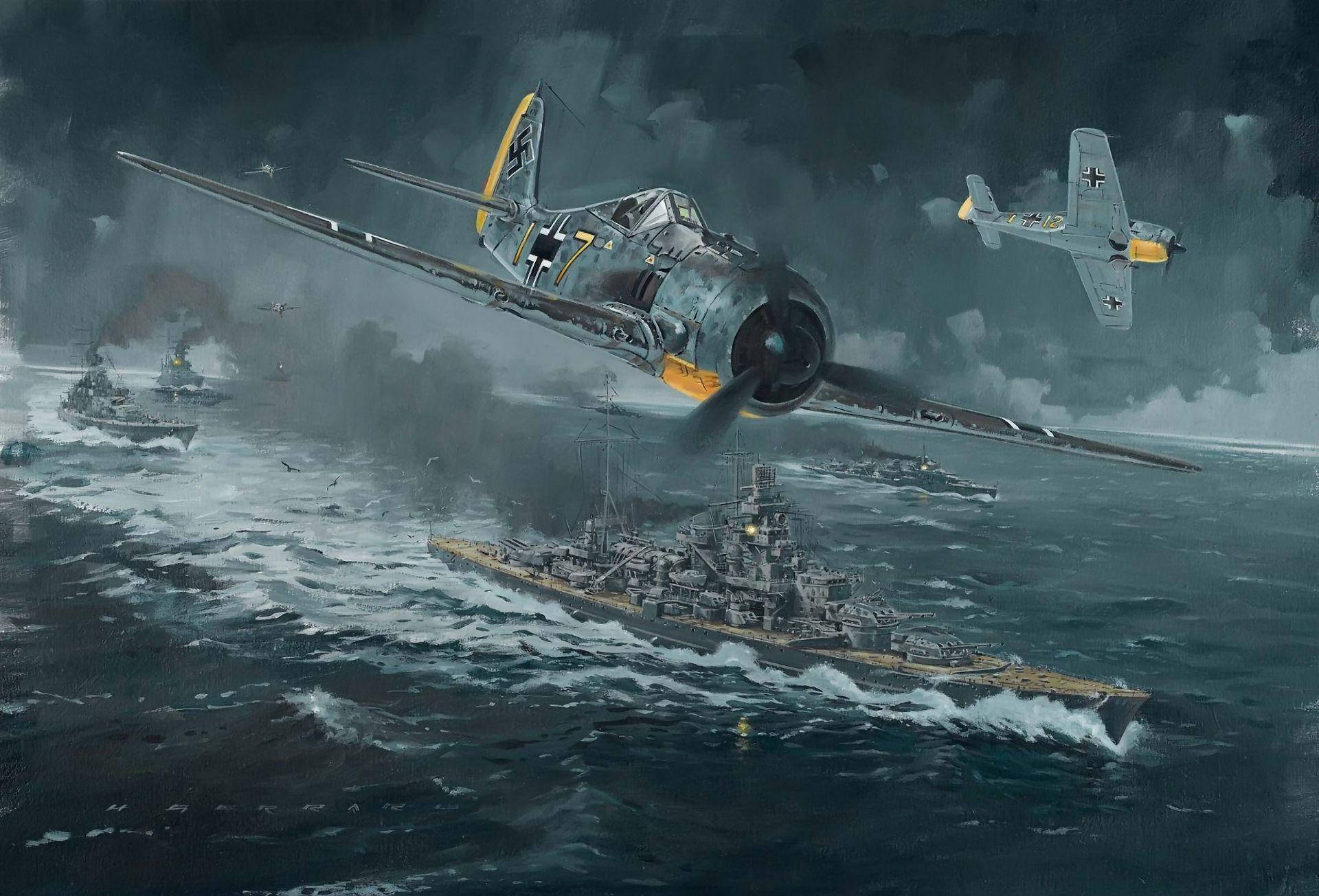 - Vintage German Ww2 Aircraft Soaring Over Sea Vessels Background